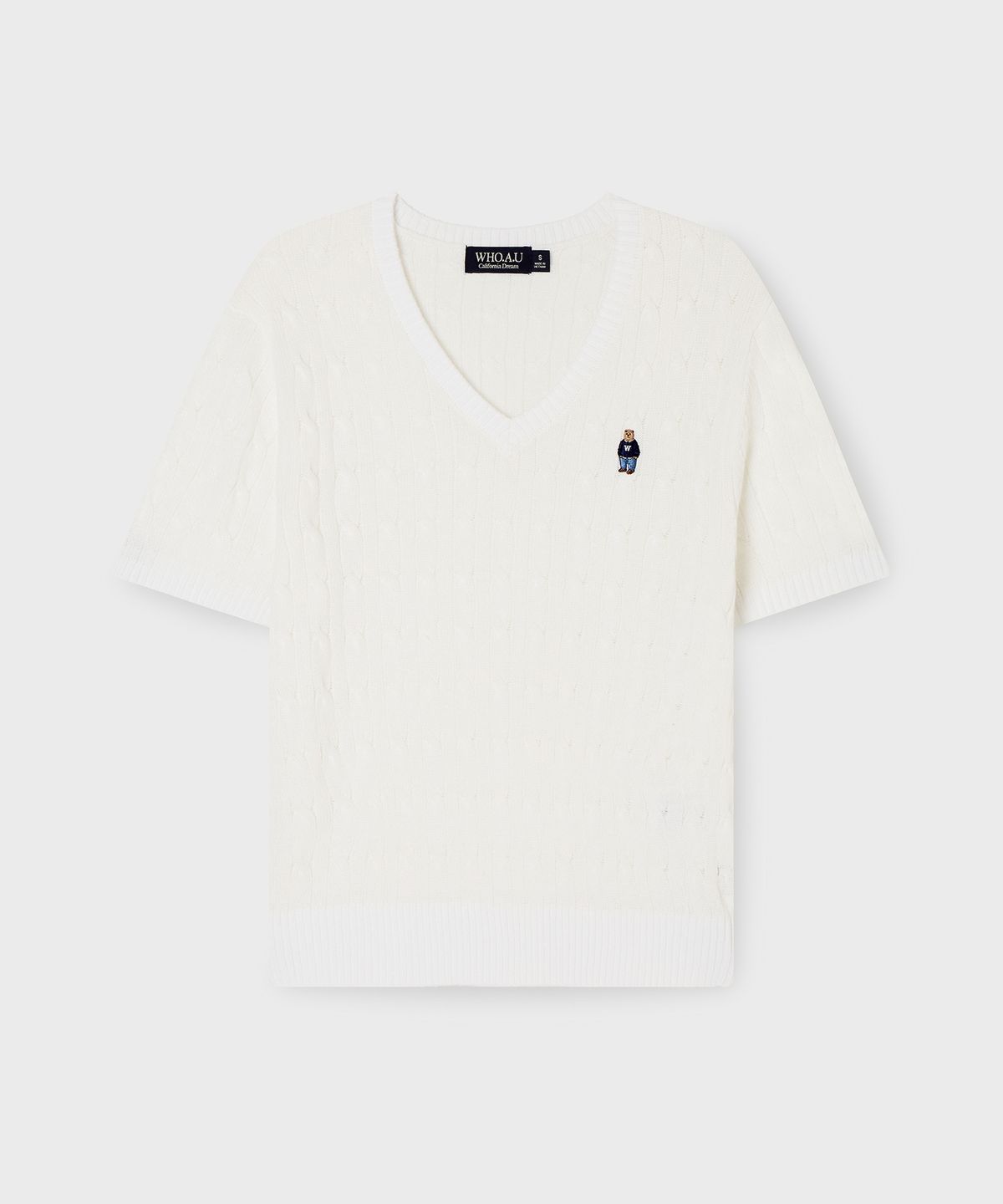후아유(WHO.A.U) Steve V-neck Cable Short Sleeve Sweater/WHKAG2411F