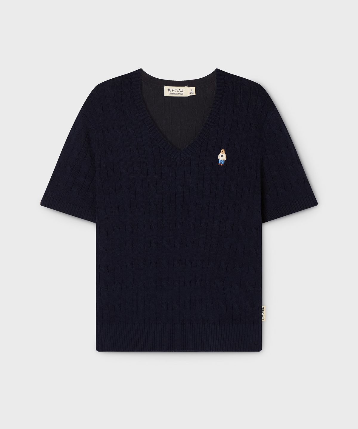 후아유(WHO.A.U) Steve V-neck Cable Short Sleeve Sweater/WHKAG2411F