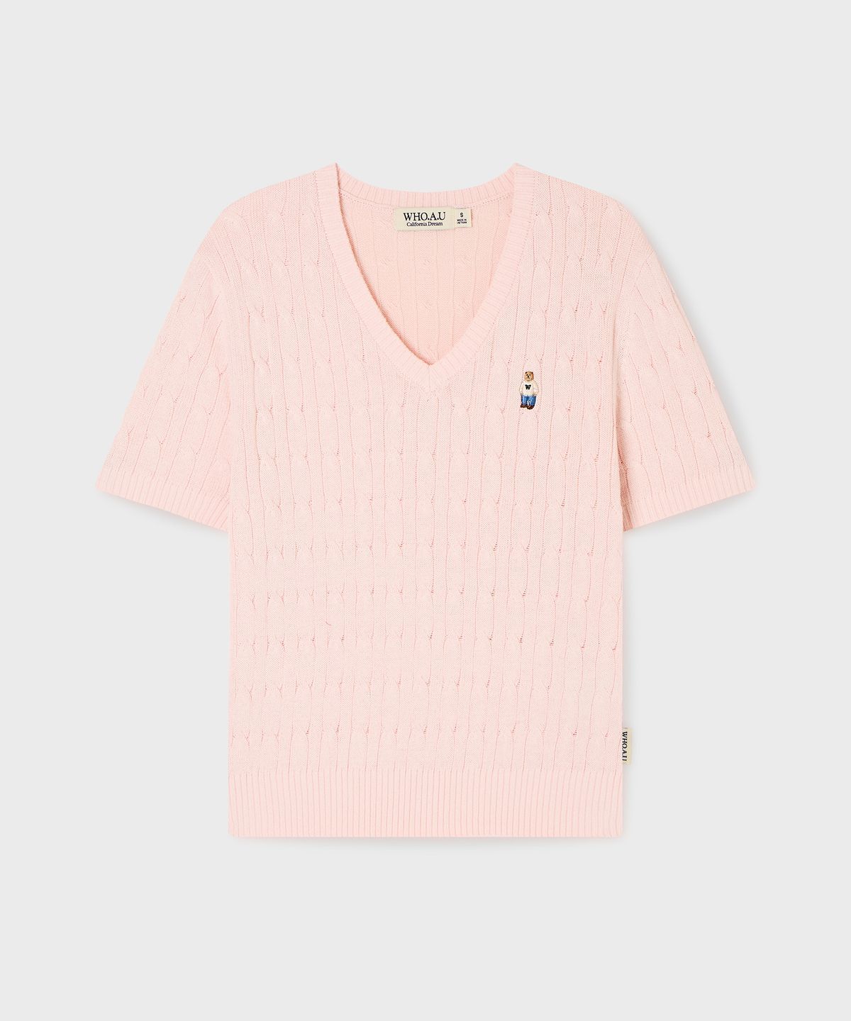 후아유(WHO.A.U) Steve V-neck Cable Short Sleeve Sweater/WHKAG2411F