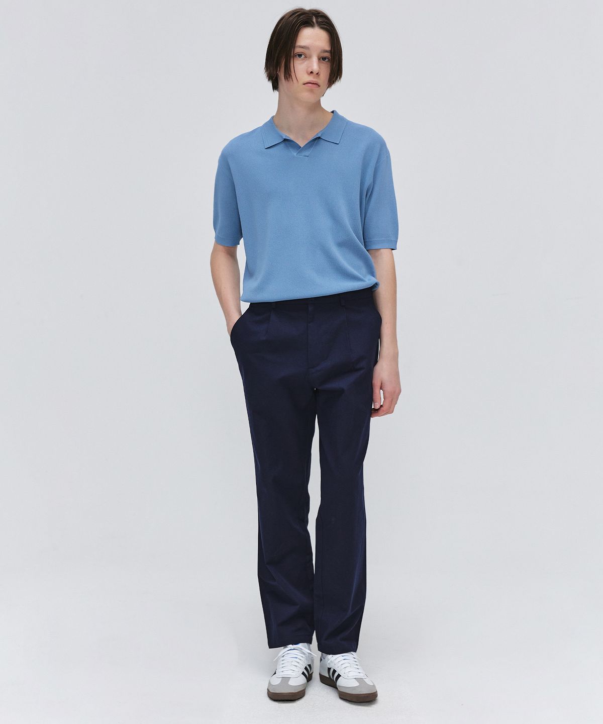 이지오(EZIO) Open Collar Half Knit_Sky Blue