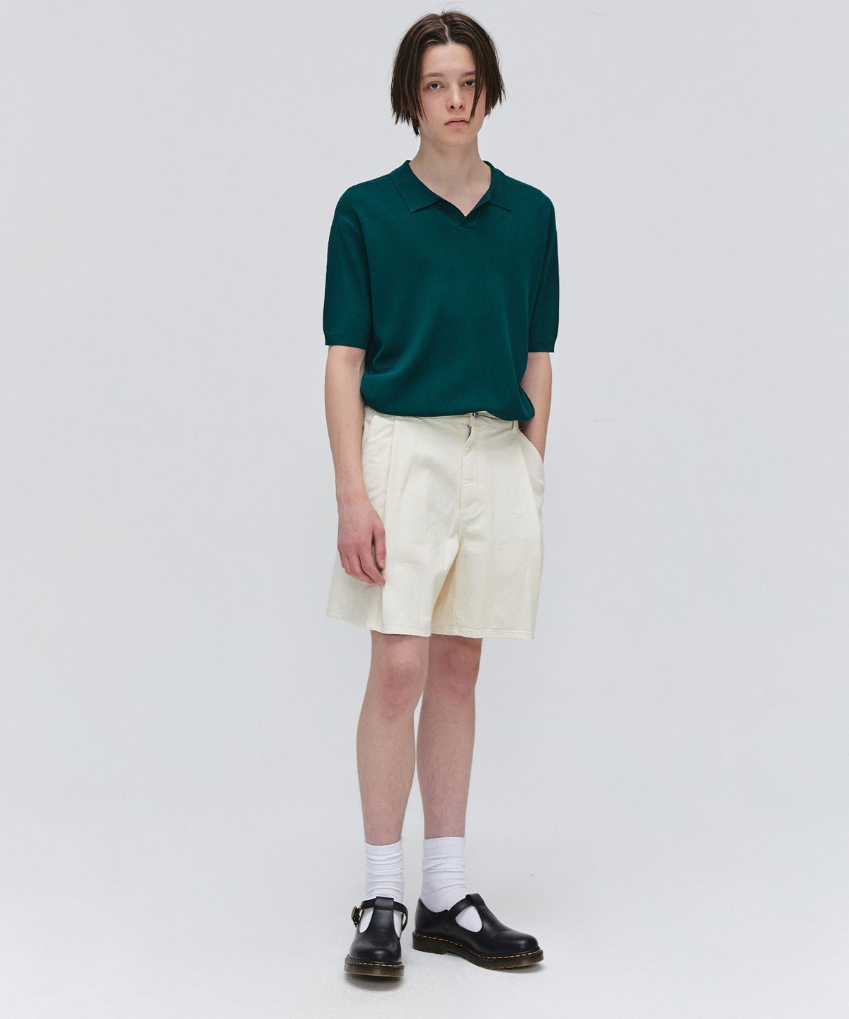 이지오(EZIO) Open Collar Half Knit_Peacock