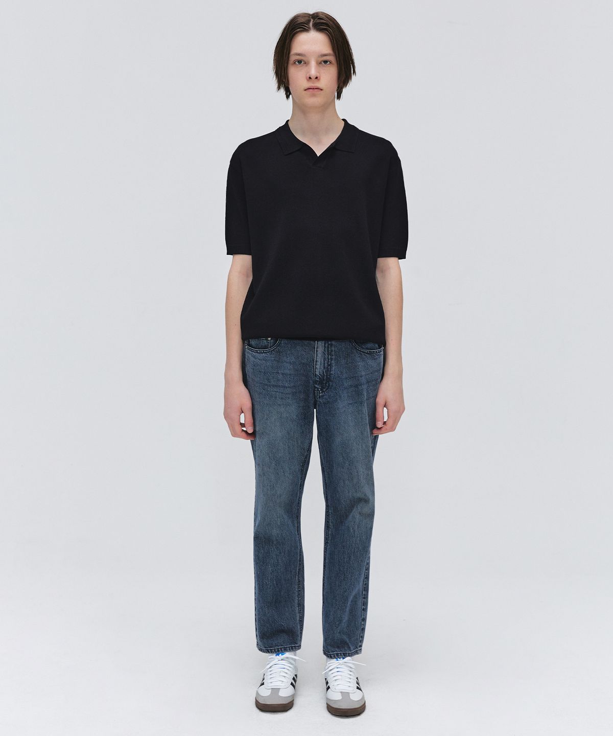 이지오(EZIO) Open Collar Half Knit_Black