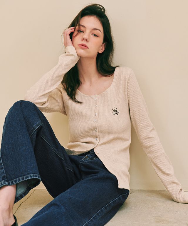 MUSINSA | RONRON SLIM BUTTON U NECK LONG SLEEVE OATMEAL