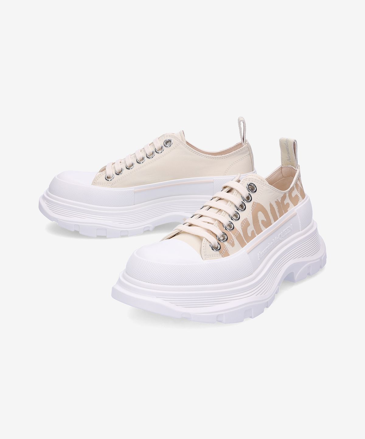 알렉산더 맥퀸(ALEXANDER McQUEEN) 그래피티 로고 트레드 슬릭 스니커즈 - 베이지 / 708753W4RQ22257