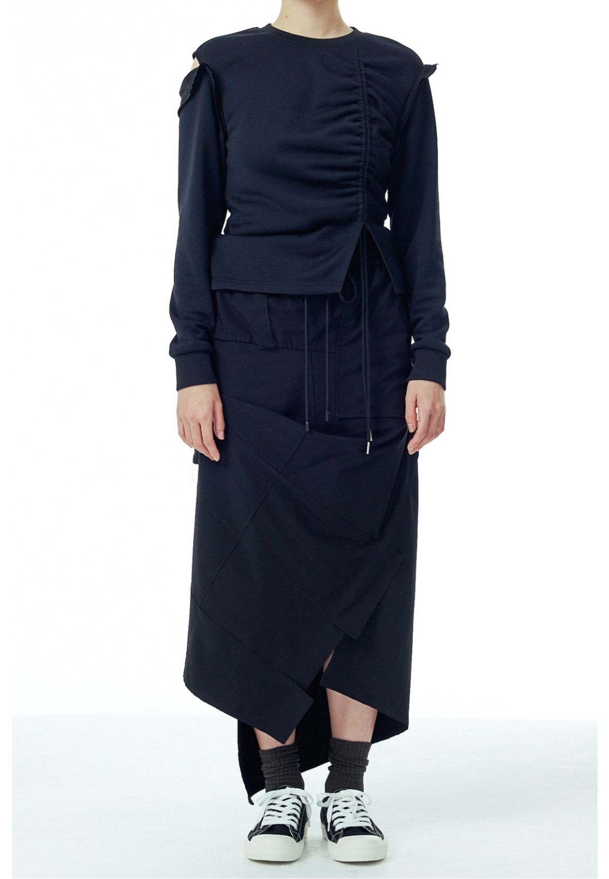 래코드(RECODE) Shirring Slit Shoulder T-shirts_RQTAS23535BKX