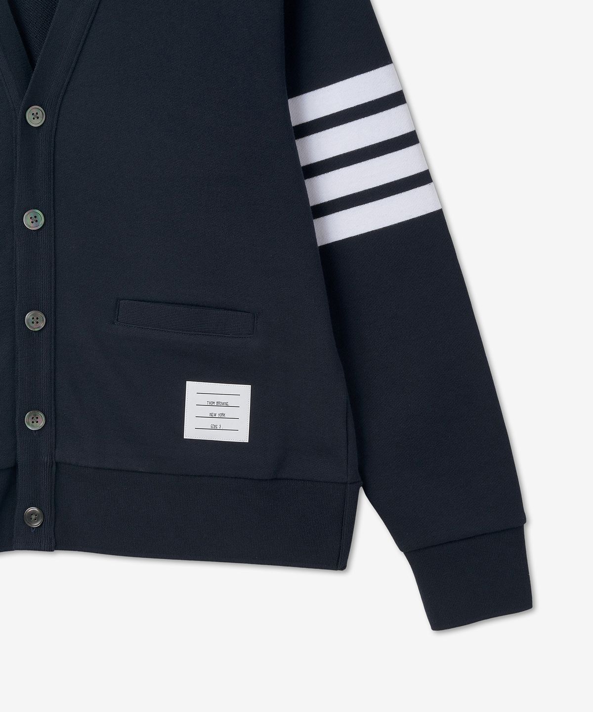 톰 브라운(THOM BROWNE) 4바 루프백 저지 브이넥 가디건 - 네이비 / MJT167A00535415
