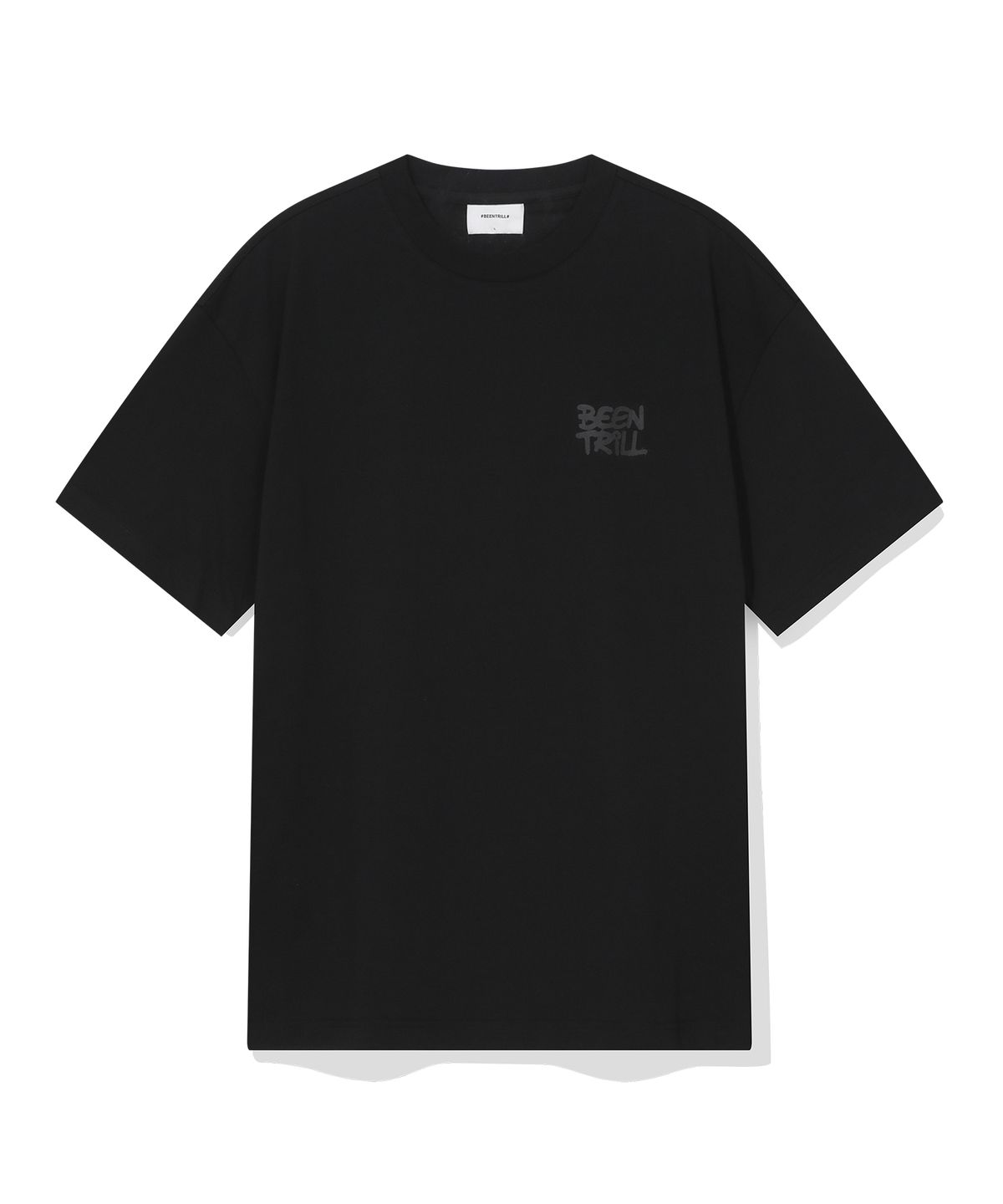 빈트릴(BEENTRILL) 스프레이 해시태그 오버핏 반팔티(블랙)