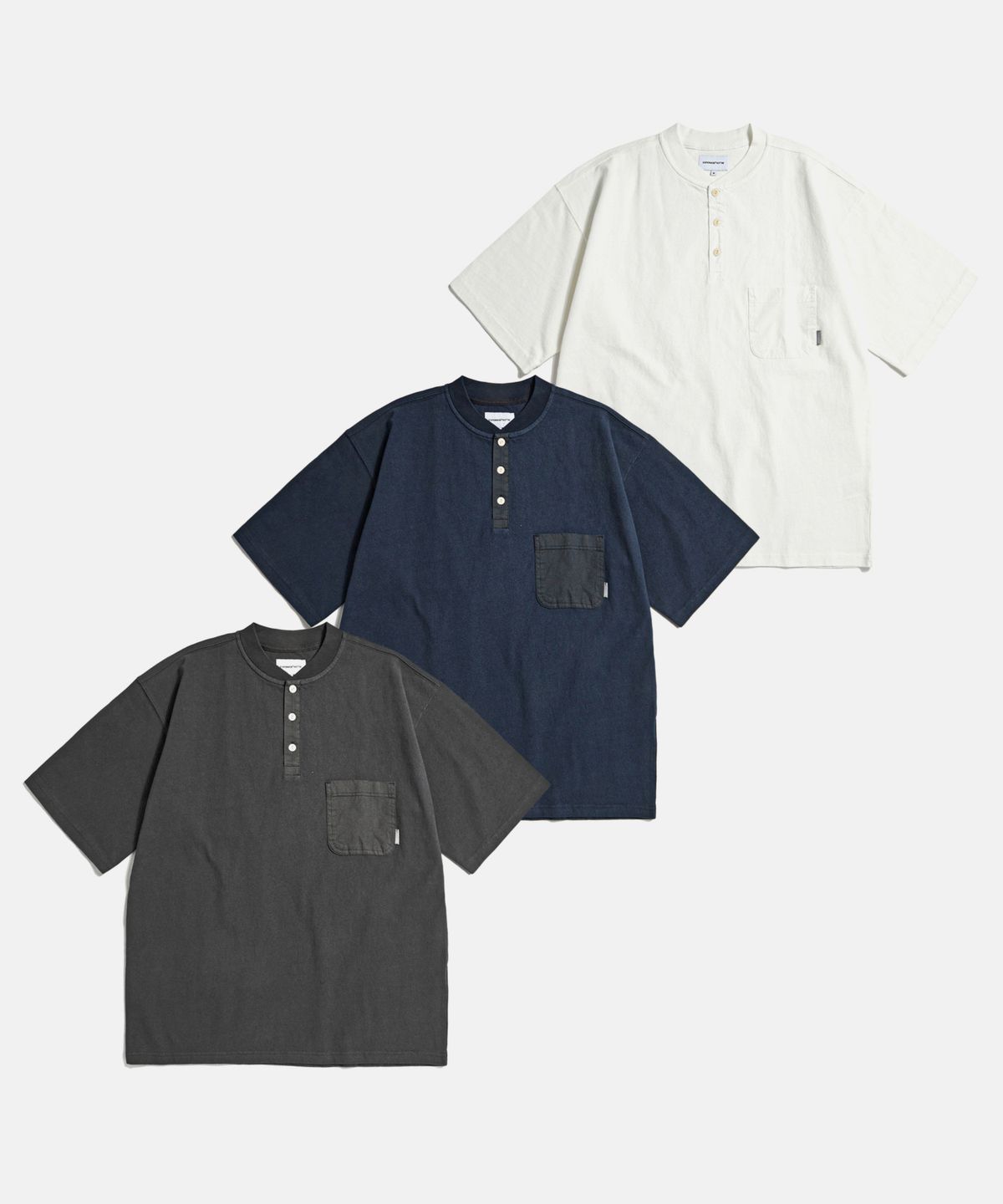에스피오나지(ESPIONAGE) Pocket Wide Henley Neck Shirt Navy