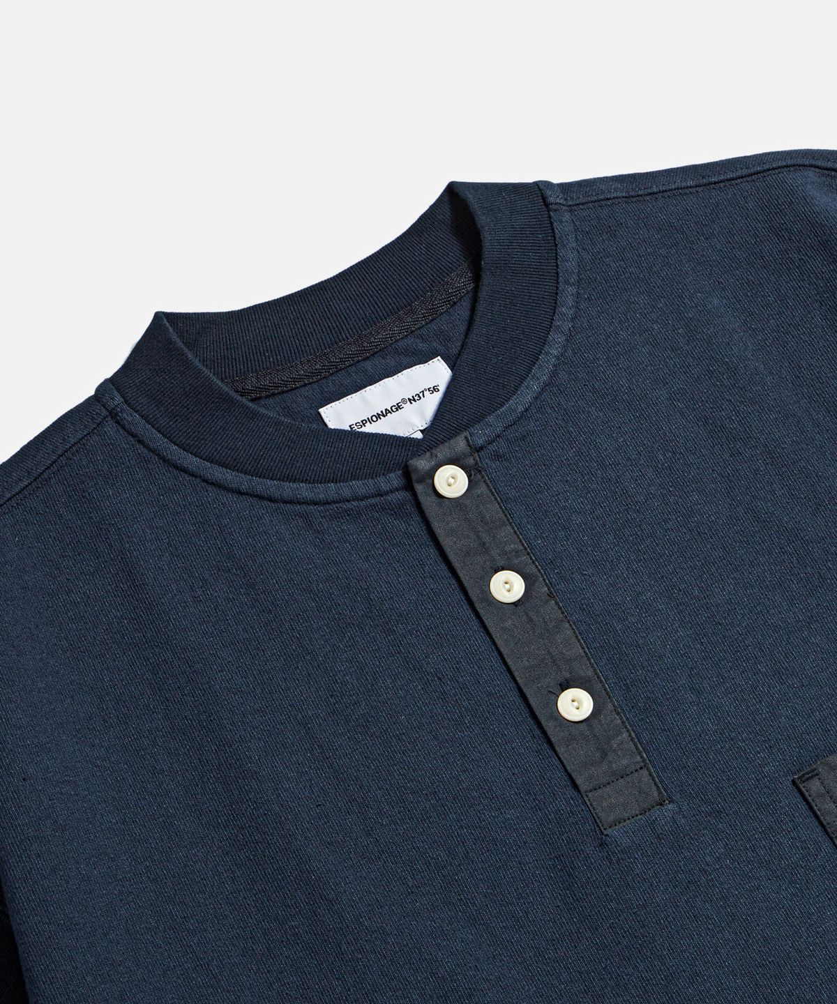 에스피오나지(ESPIONAGE) Pocket Wide Henley Neck Shirt Navy