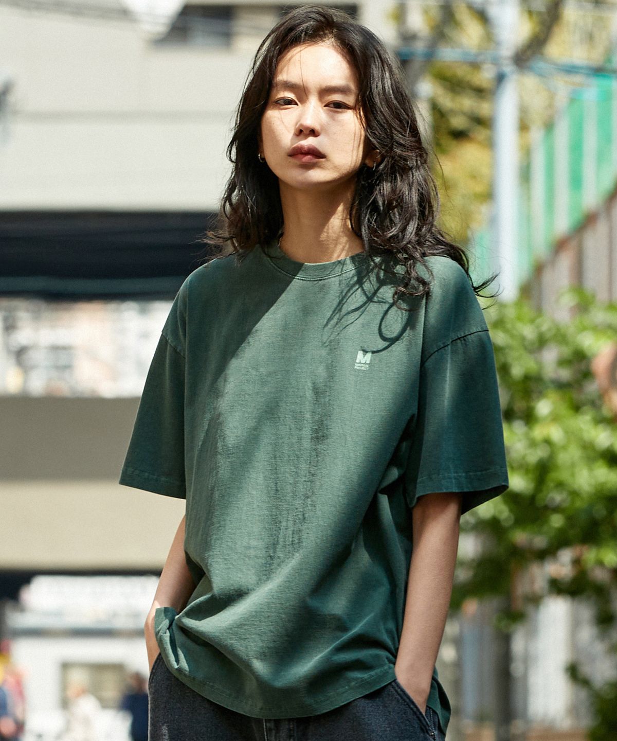 미니멀프로젝트(MINIMALPROJECT) 피그먼트 스몰로고 오버핏 반팔티셔츠 MST145 [BLUE GREEN]