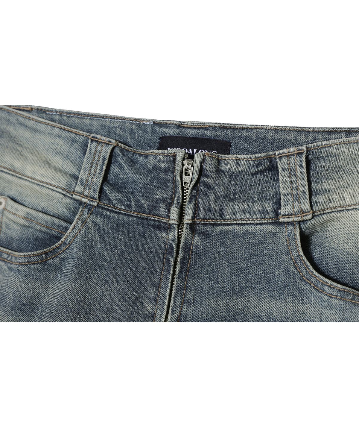 우알롱(WOOALONG) Western washed boots-cut denim pants - BLUE