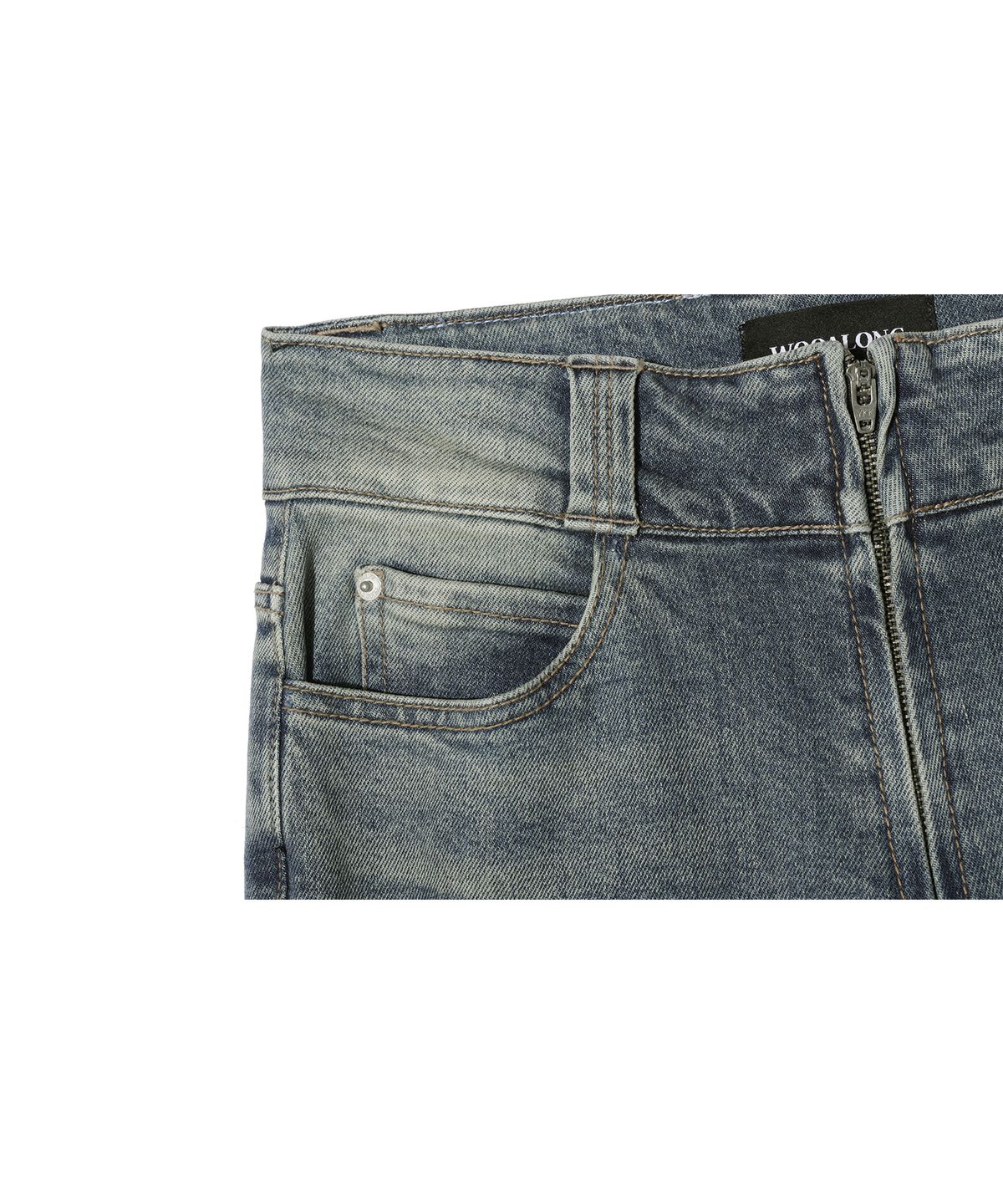 우알롱(WOOALONG) Western washed boots-cut denim pants - BLUE