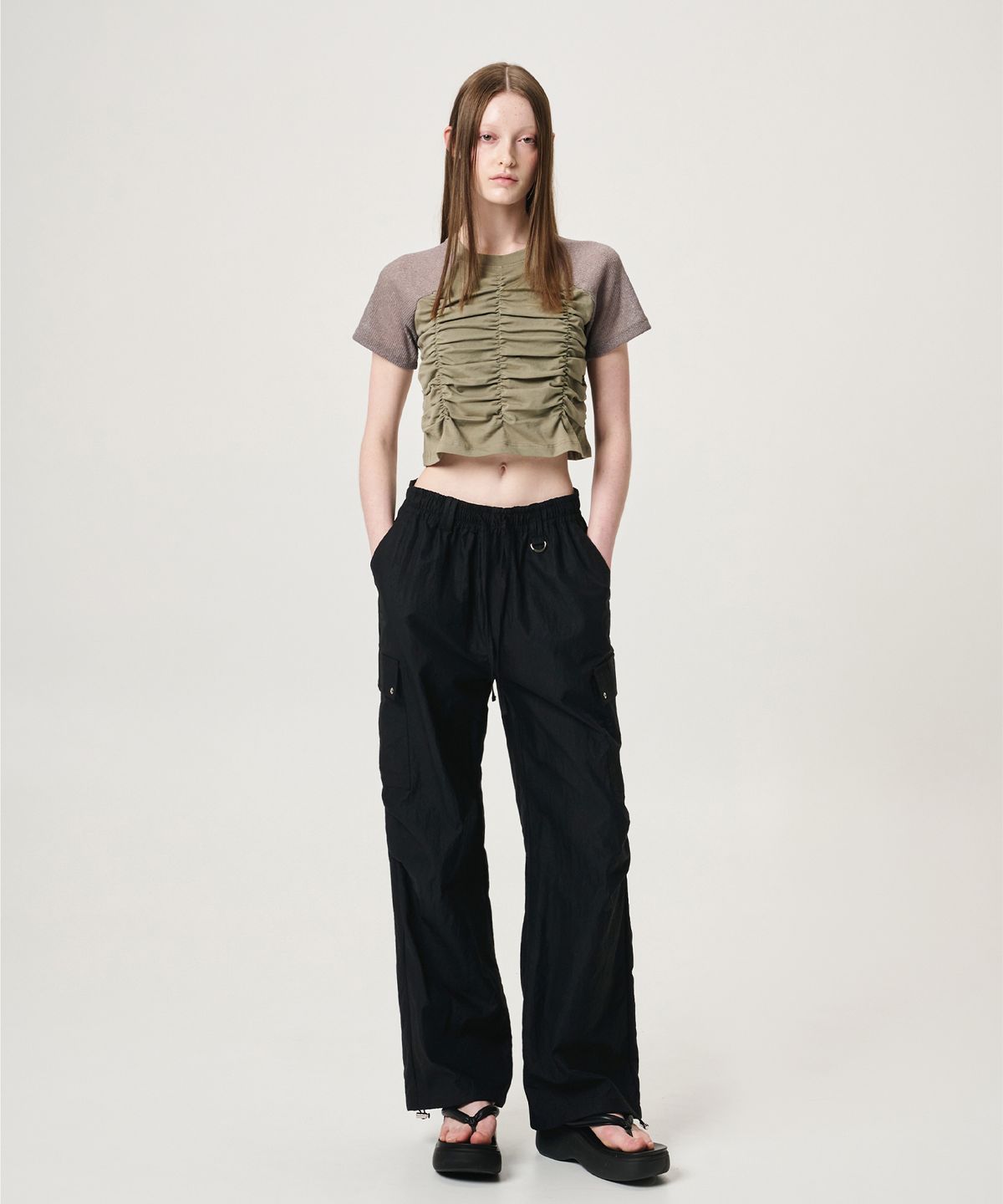에트몽(ETMON) Knit Sleeve Shirring T-Shirt, Khaki