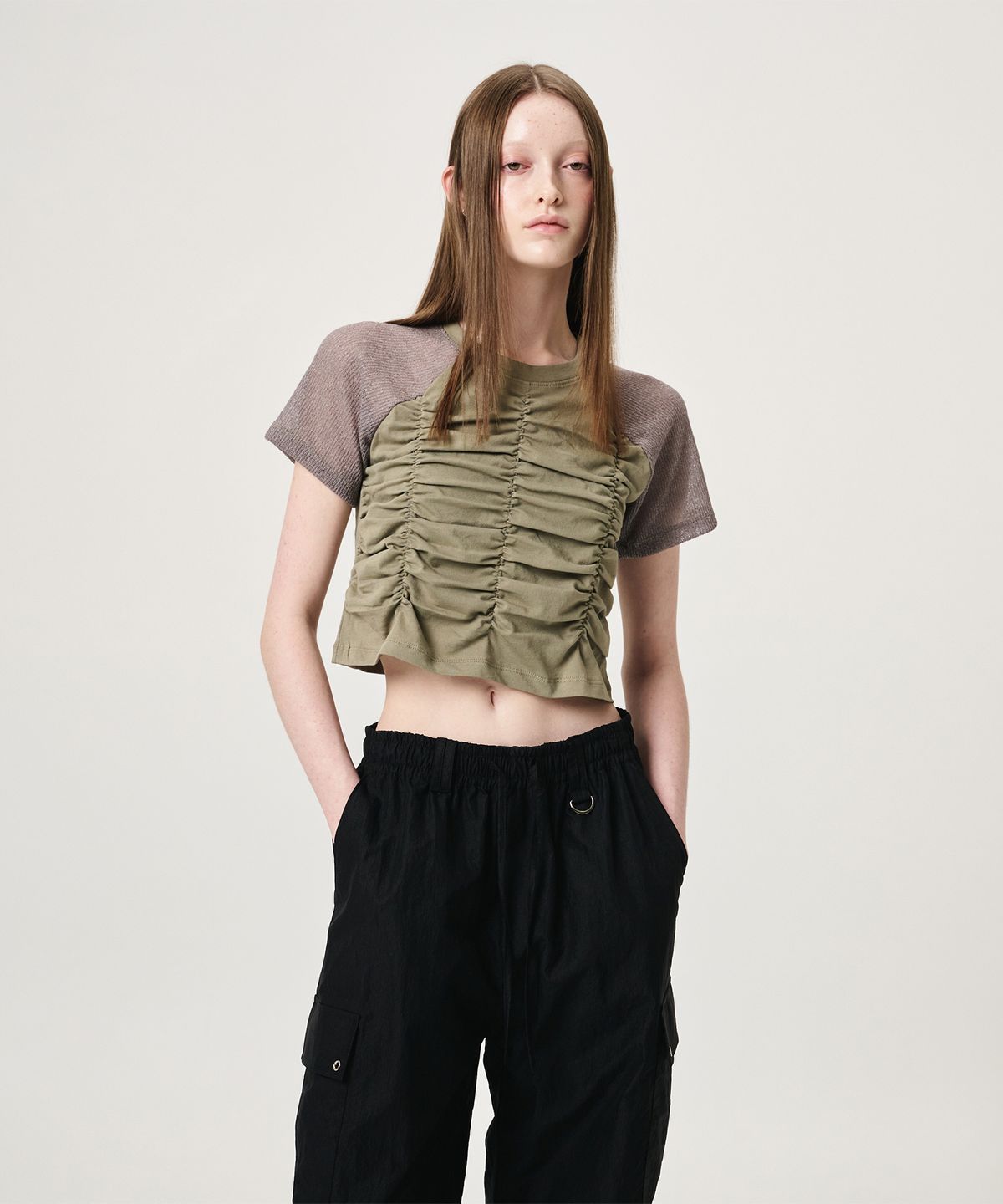 에트몽(ETMON) Knit Sleeve Shirring T-Shirt, Khaki