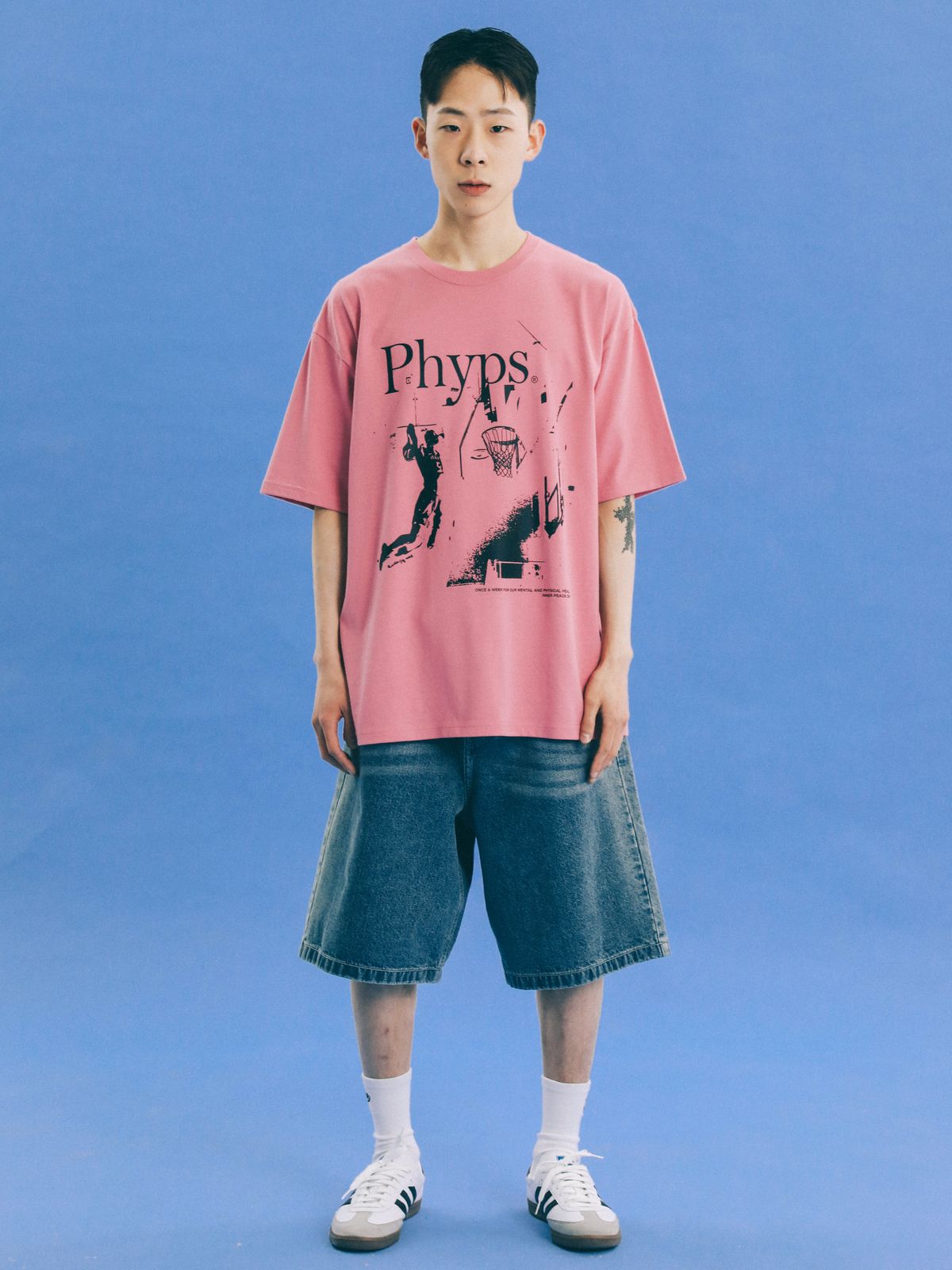 피지컬 디파트먼트(PHYSICAL DEPARTMENT) 베스킷볼 덩크슛 반팔티셔츠_화이트/핑크