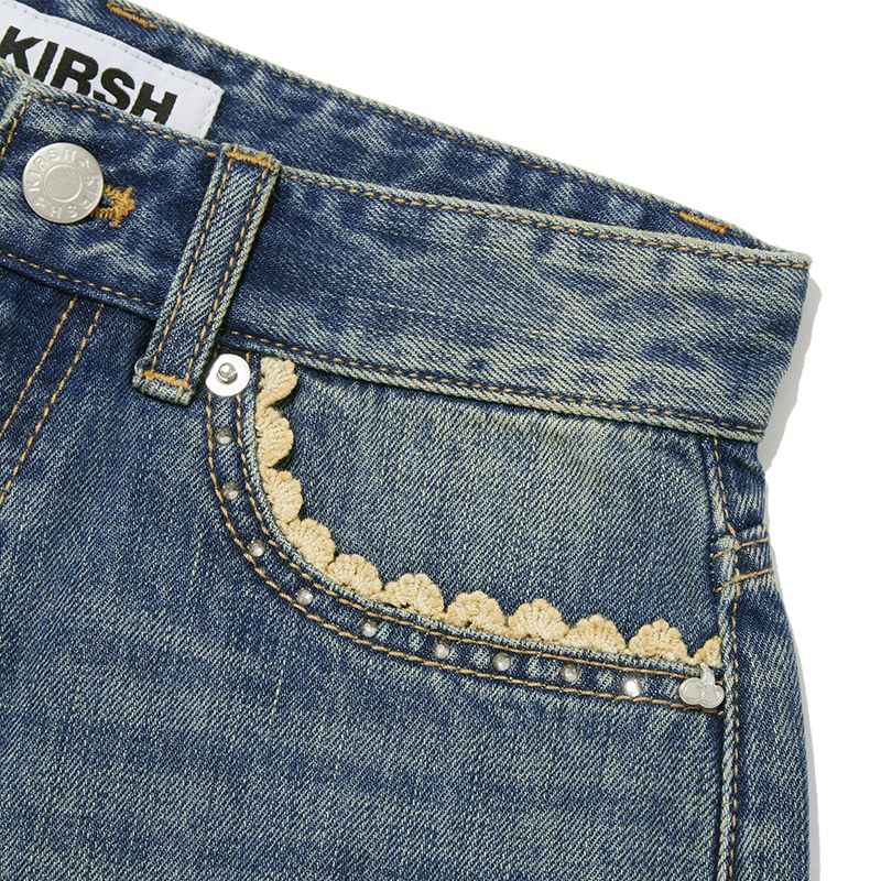 MUSINSA | KIRSH Cherry Hotfix Detail Denim Short Pants [Blue]