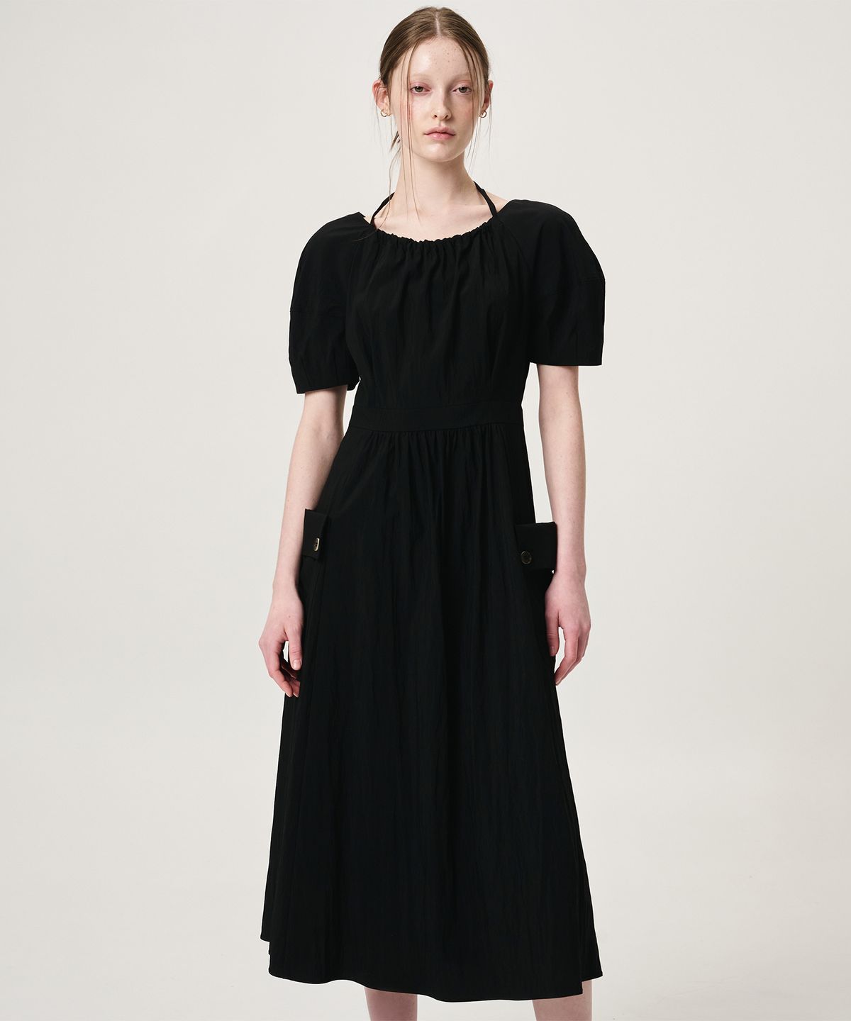에트몽(ETMON) Neck String Pocket Dress, Black