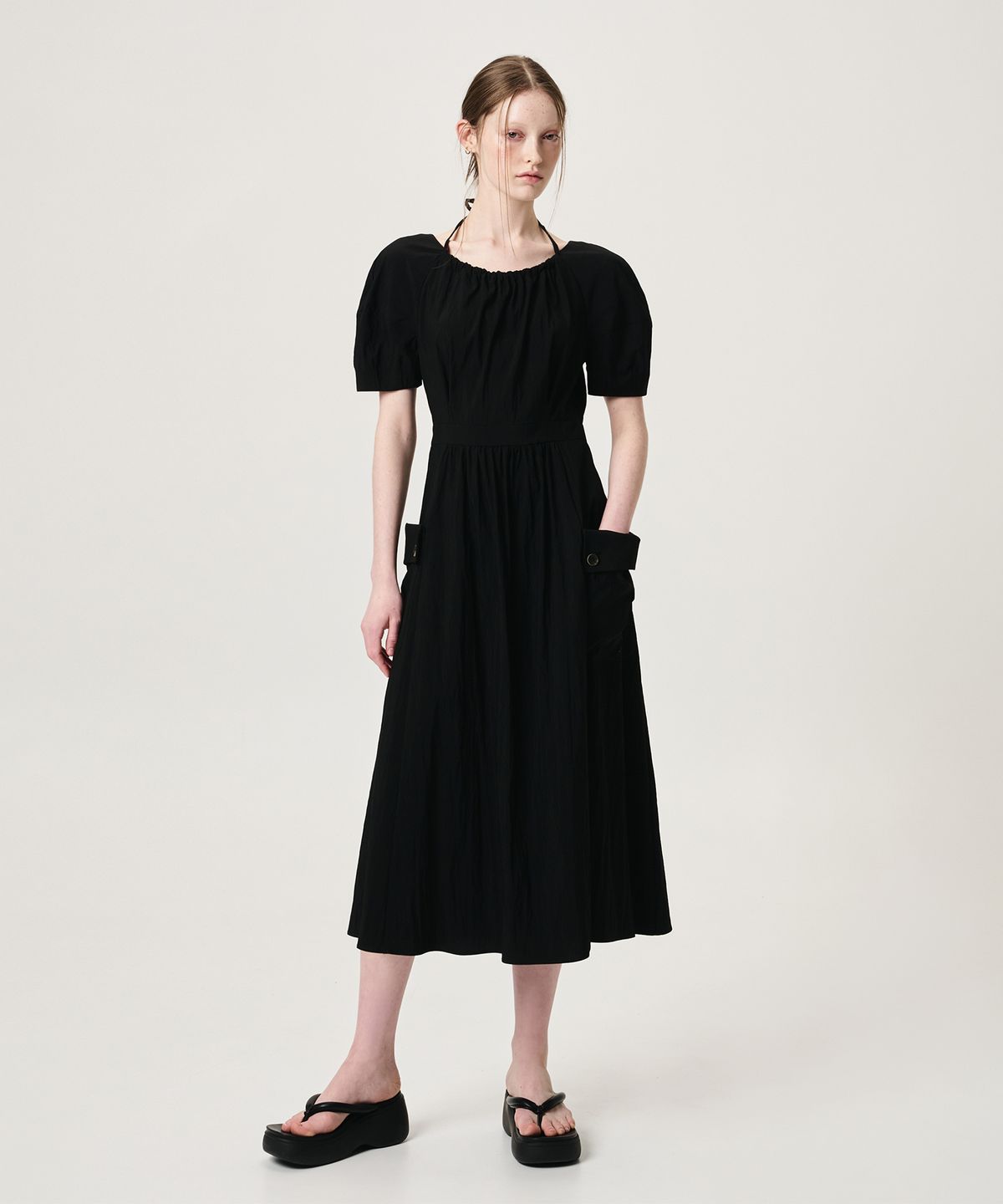 에트몽(ETMON) Neck String Pocket Dress, Black