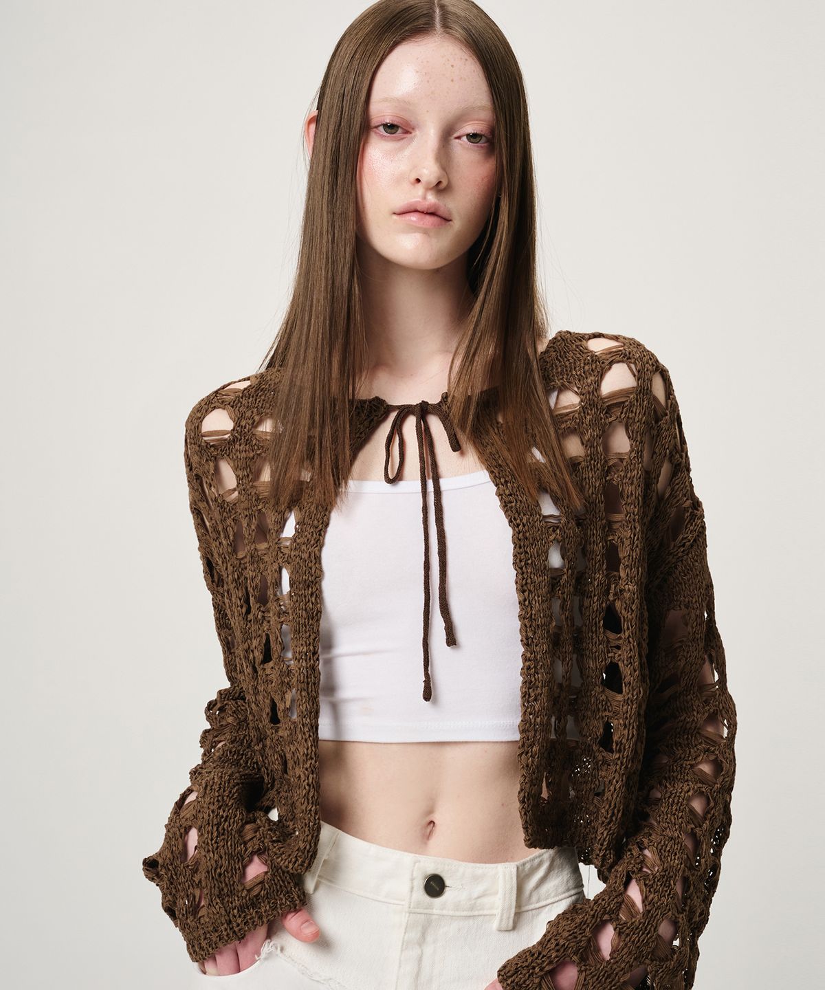 에트몽(ETMON) Tape Yarn Net Cardigan, Brown