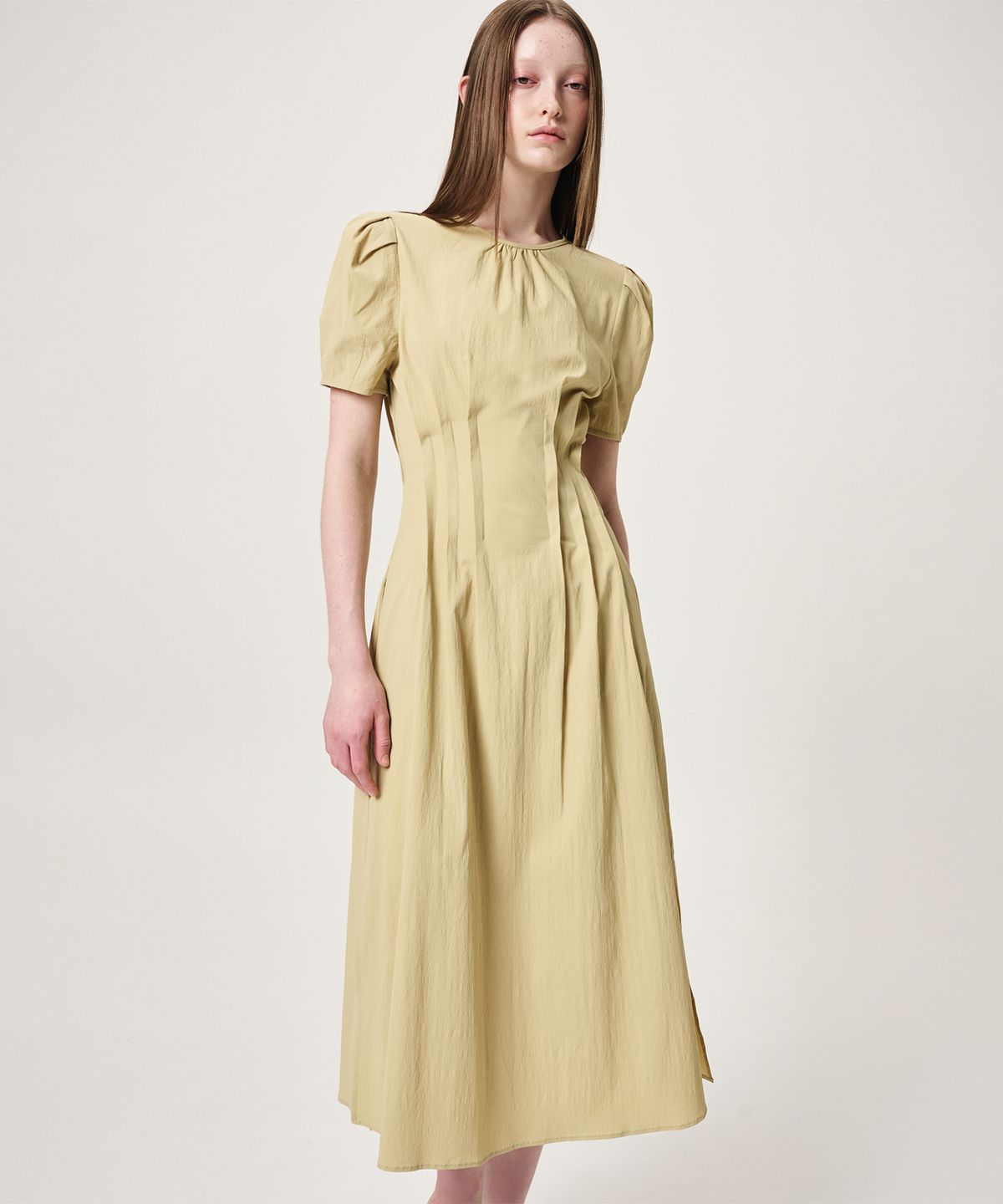 에트몽(ETMON) Waist Pintuck Dress, Olive Yellow