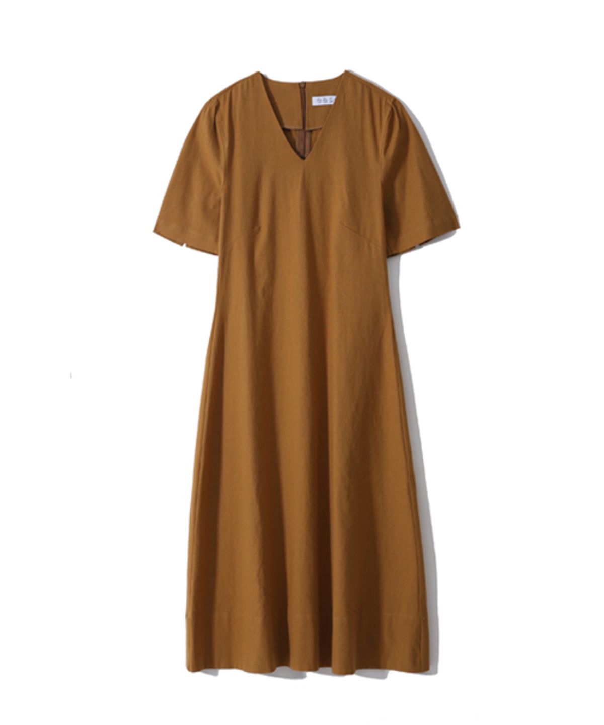 이즈(EASE) SUMMER LINEN V-NECK DRESS_CAMEL