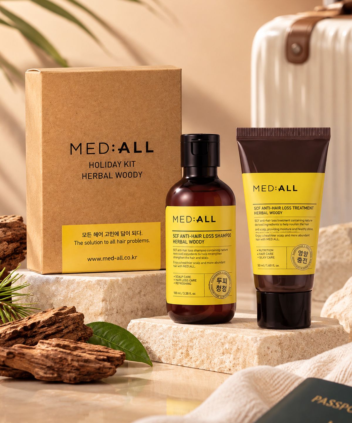 메디올(MEDIALL) RCP 안티헤어로스 트래블키트 우디향 샴푸 100ml + 트리트먼트 50ml 구성
