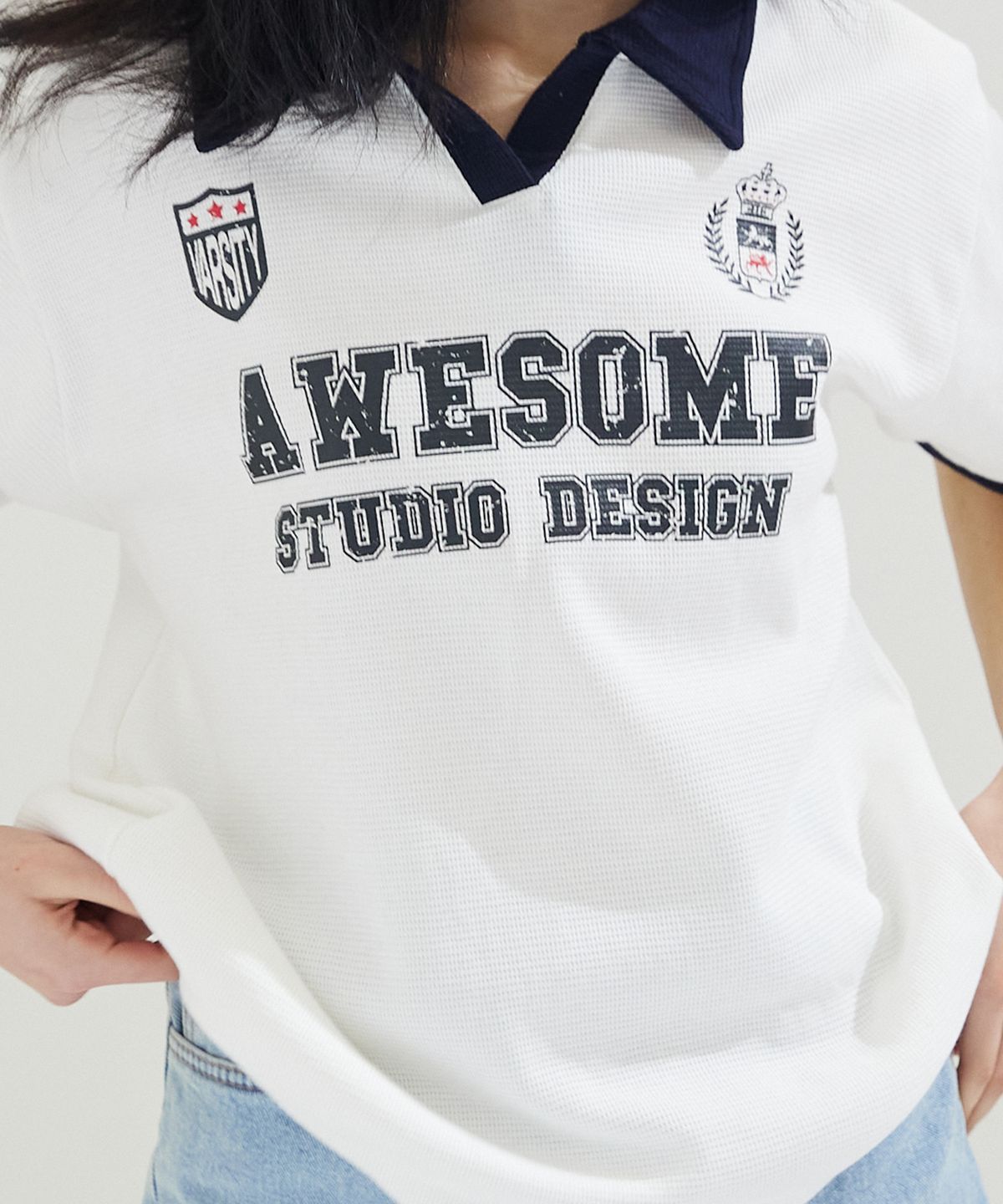 어썸스튜디오(AWESOME STUDIO) 카라 배색 유니폼 반팔 티셔츠 화이트