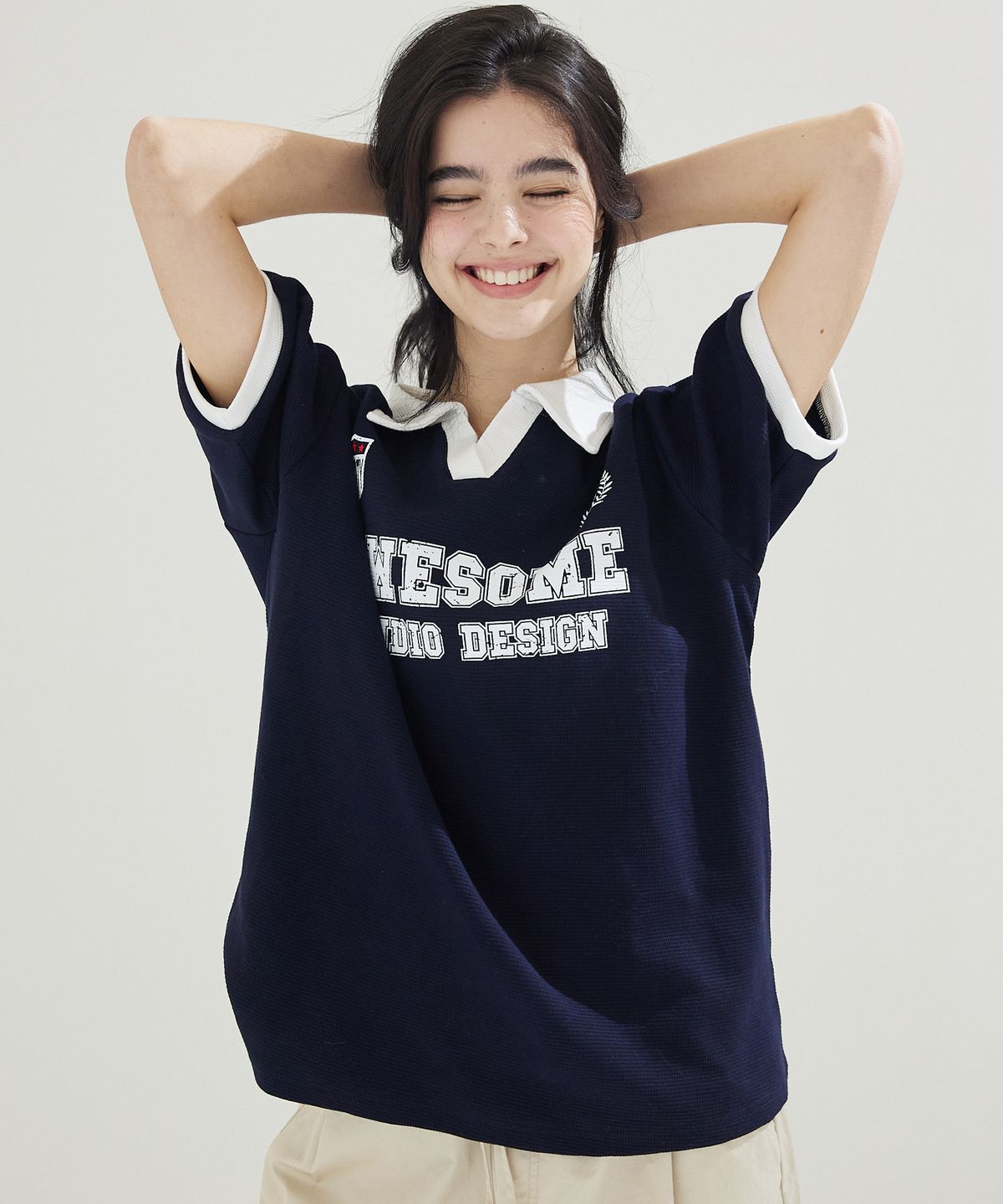 어썸스튜디오(AWESOME STUDIO) 카라 배색 유니폼 반팔 티셔츠 다크네이비
