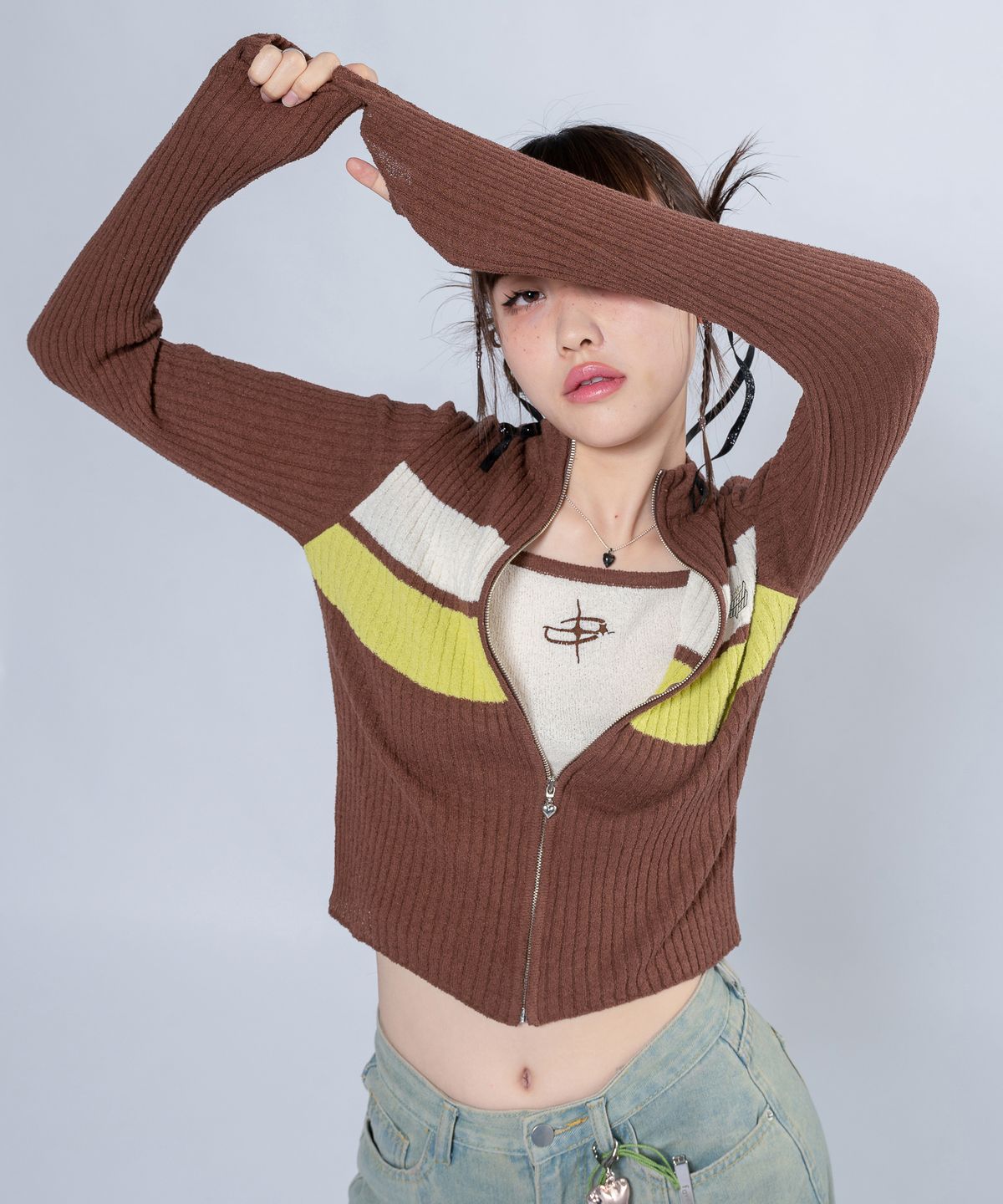언유주얼 노말(UNUSUALNORMAL) NASH KNIT ZIP-UP JACKET_BROWN