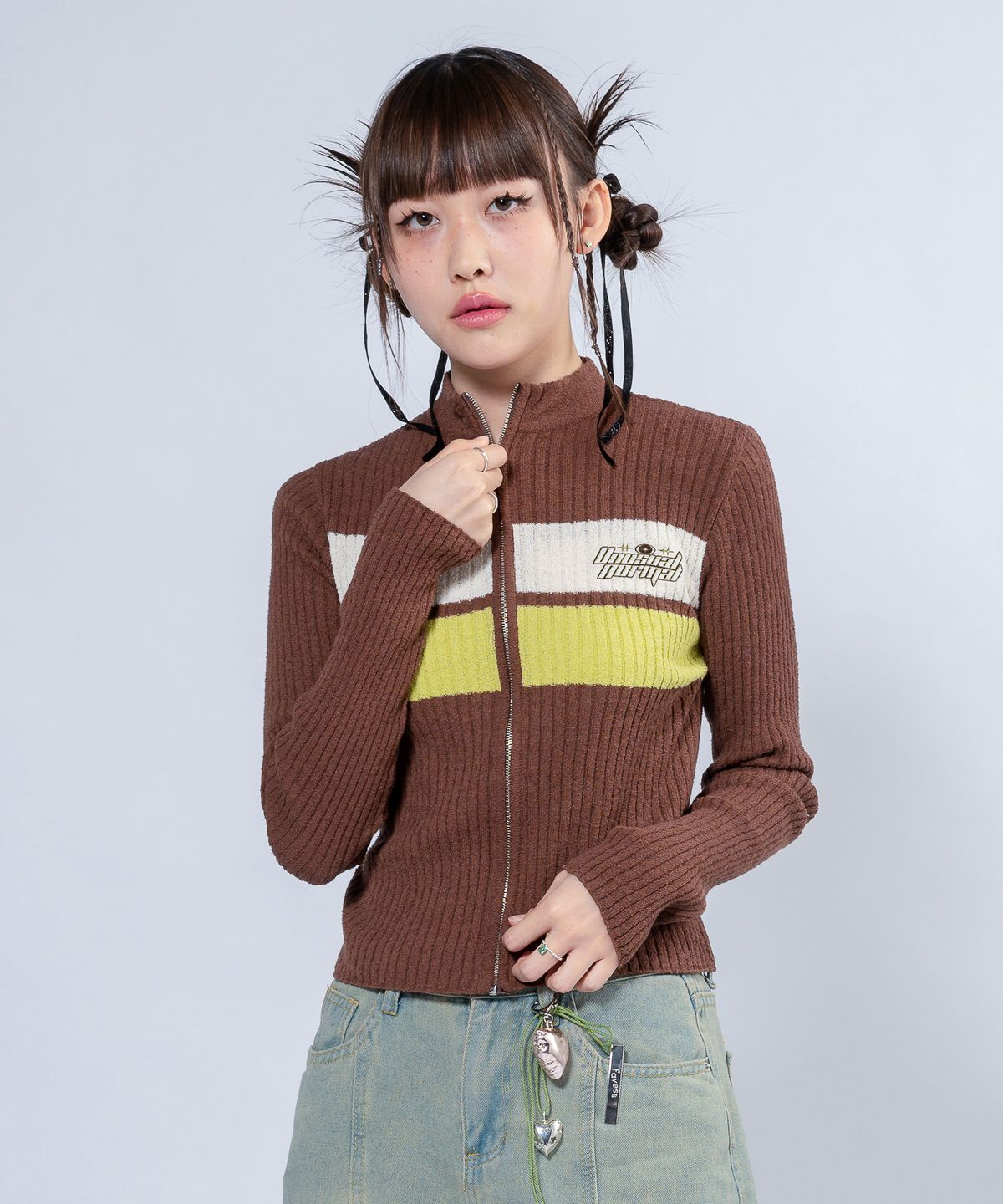 언유주얼 노말(UNUSUALNORMAL) NASH KNIT ZIP-UP JACKET_BROWN