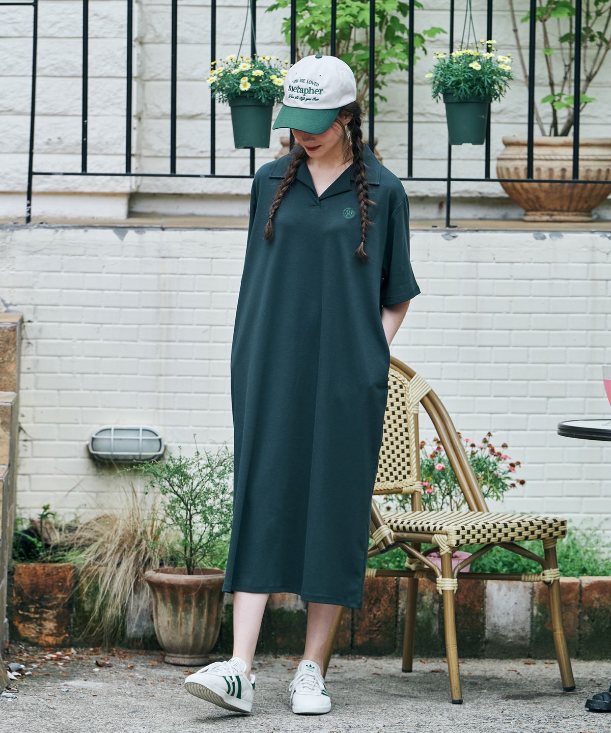 메타퍼(METAPHER) MET 내추럴 카라 반팔 롱원피스 그린