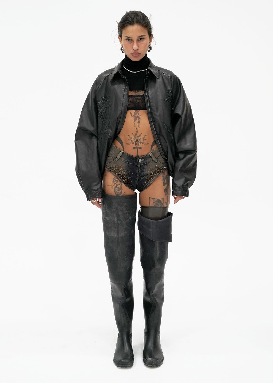 MUSINSA | 604SERVICE ROSES EMBOSSED LEATHER JACKET IN BLACK