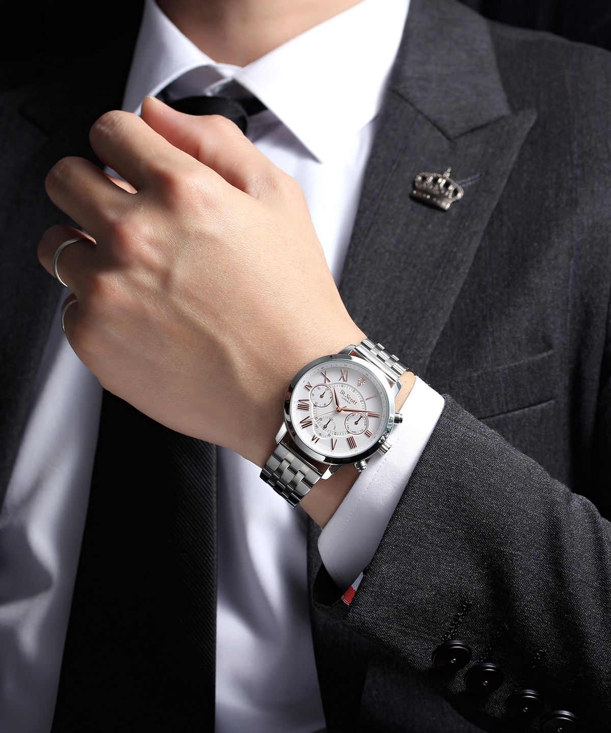 세인트스코트런던(ST.SCOTT LONDON) 베넷 멀티 다이아몬드 메탈 시계  - 실버로즈 + 가죽밴드 1종 / ST7506M-SRS