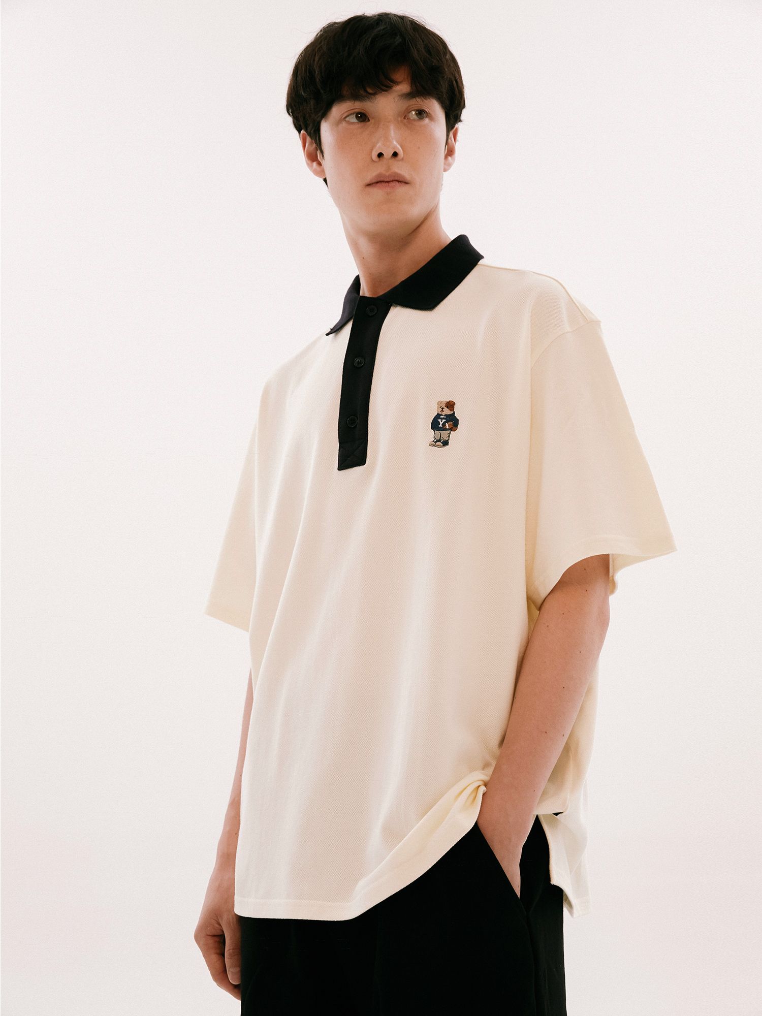 ☆YALE☆ EMBROIDERY DAN BIG PLACKET PK TEE IVORY YD01SS1022I MUSINSA | YALE Embroidered Dan Big Placket Pique Tee Ivory