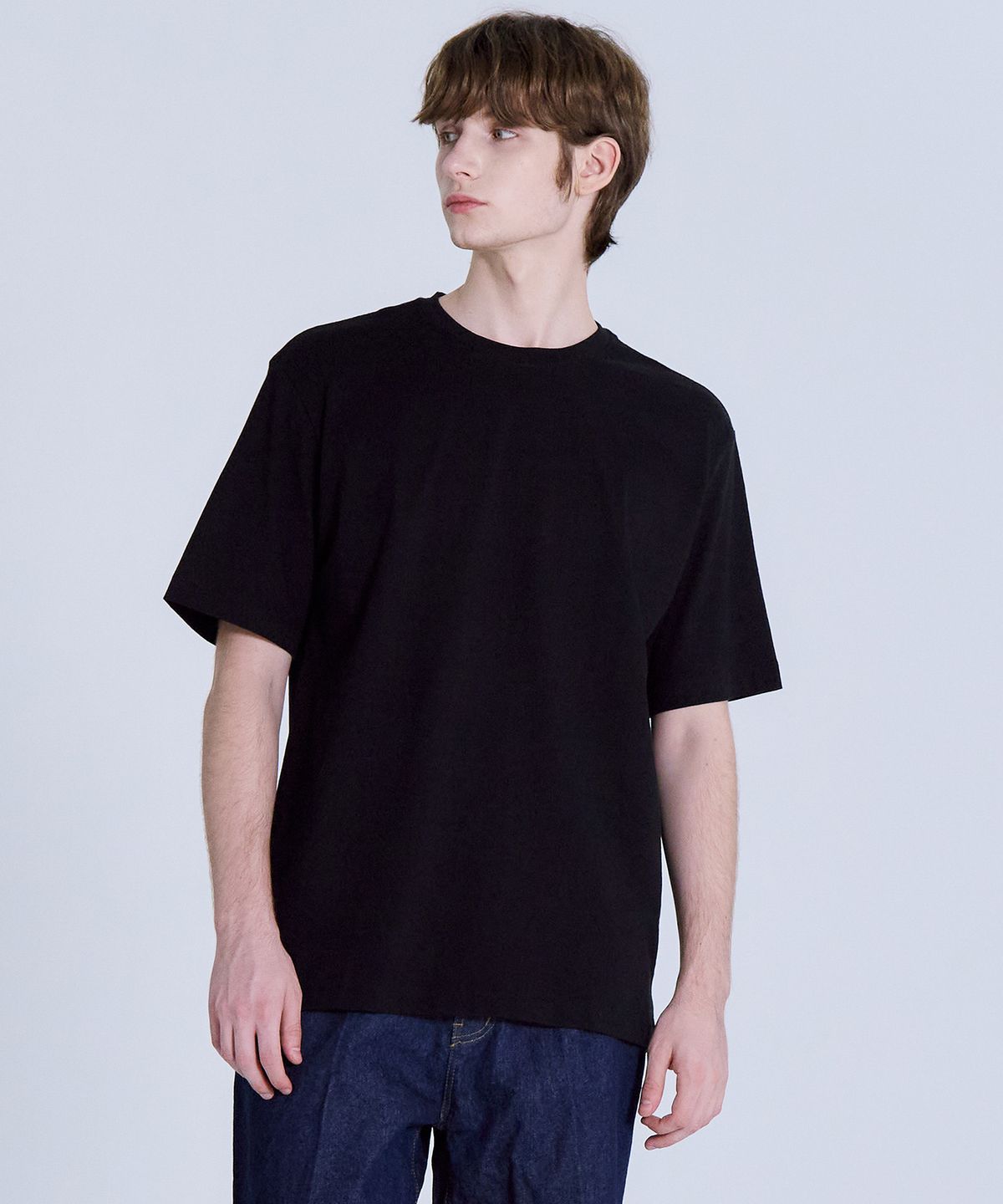 베이직하우스(BASIC HOUSE) 면 16수 오버핏 크루넥 반팔티셔츠 블랙