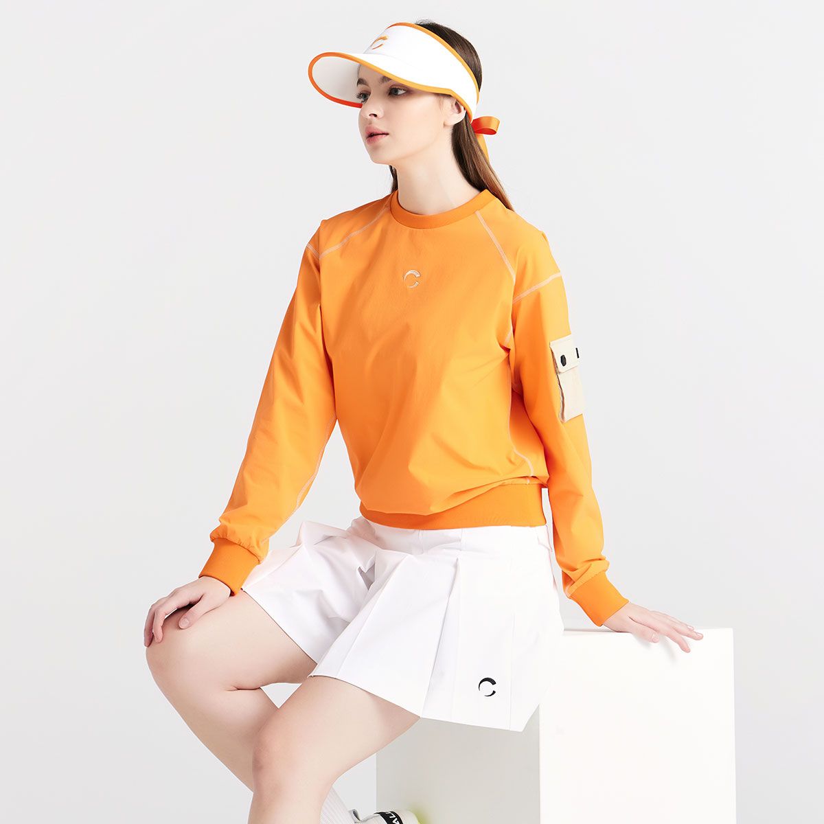 챌린저(CHALLENGER) 외곽 배색포인트 리본장식 여성 골프썬캡 오렌지