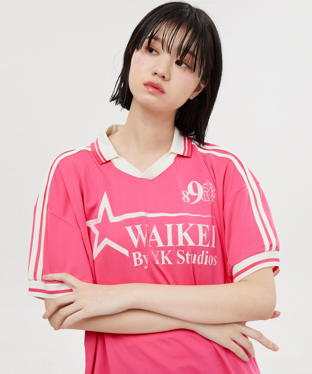 와이케이(WAIKEI) 스타 로고 카라 져지 반팔티셔츠 핑크