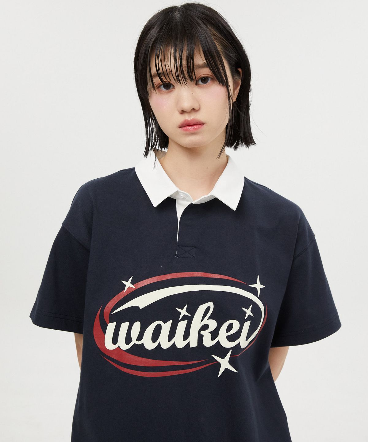 와이케이(WAIKEI) 로고 럭비 카라 반팔티셔츠 네이비