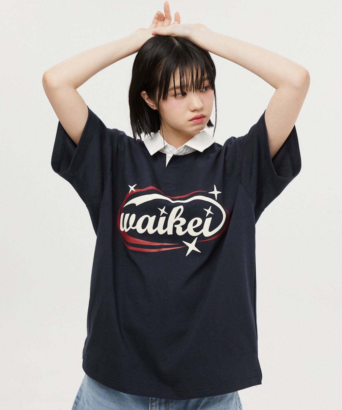 와이케이(WAIKEI) 로고 럭비 카라 반팔티셔츠 네이비