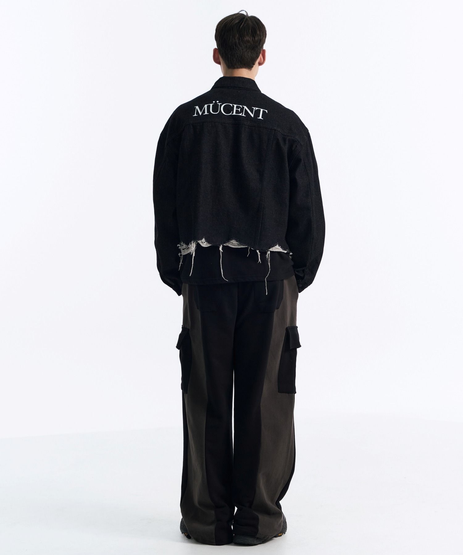 MUSINSA | MUCENT Cropped damage black and blue denim jacket