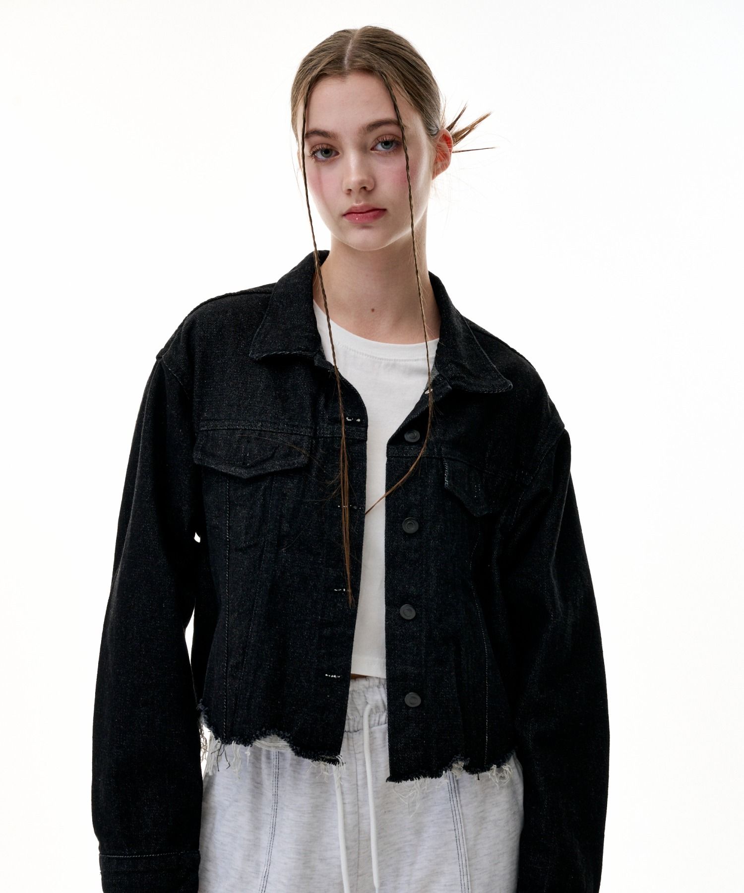 ★ MUCENT★ Crop Damage Black Denim Jacket Denim Jacket P00 MUSINSA | MUCENT Cropped damage black and blue denim jacket