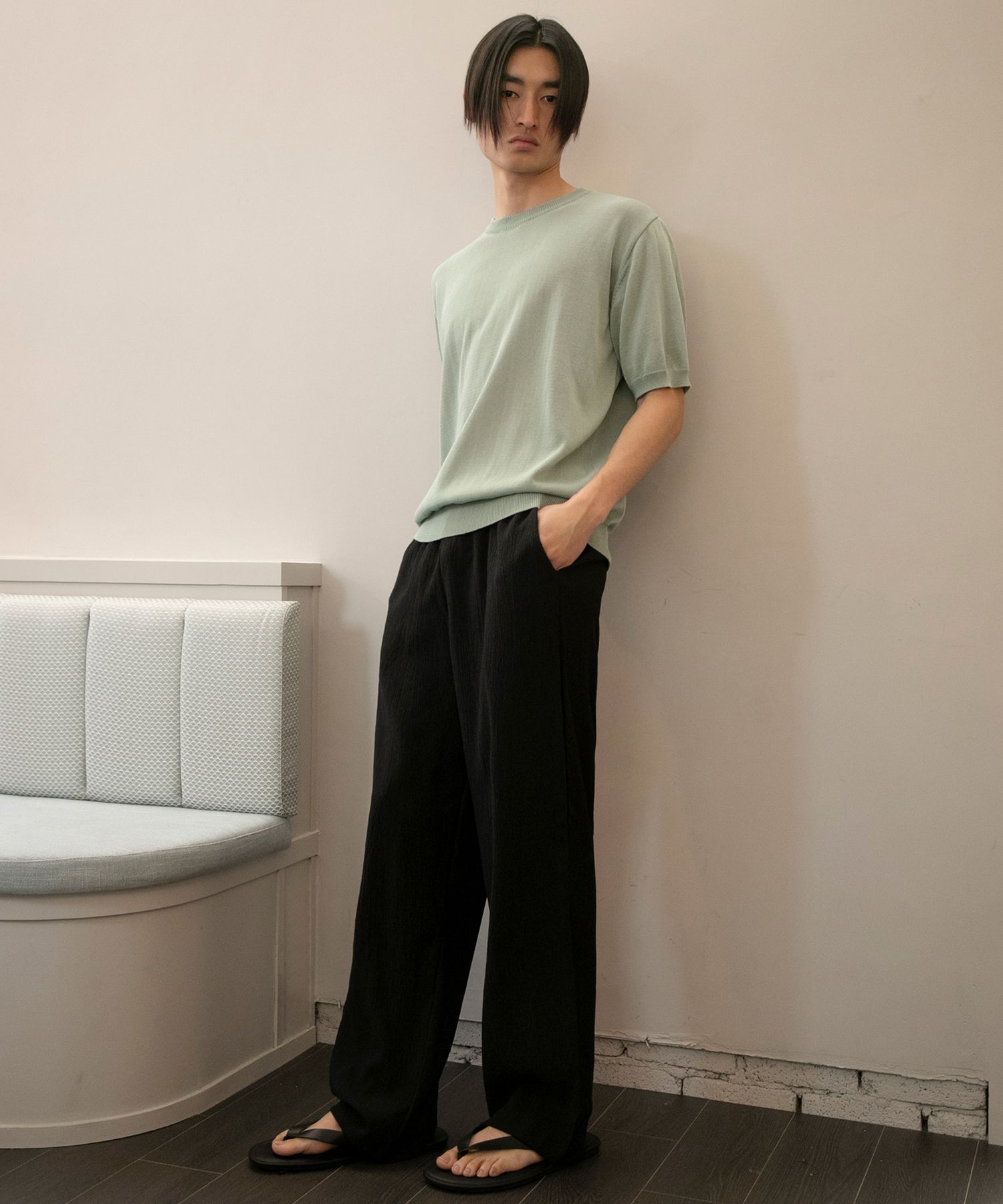 【BAON】Theming Summer Span Banding Slacks MUSINSA | SIGNATURE Summer Seersucker Banding Pants [Black]