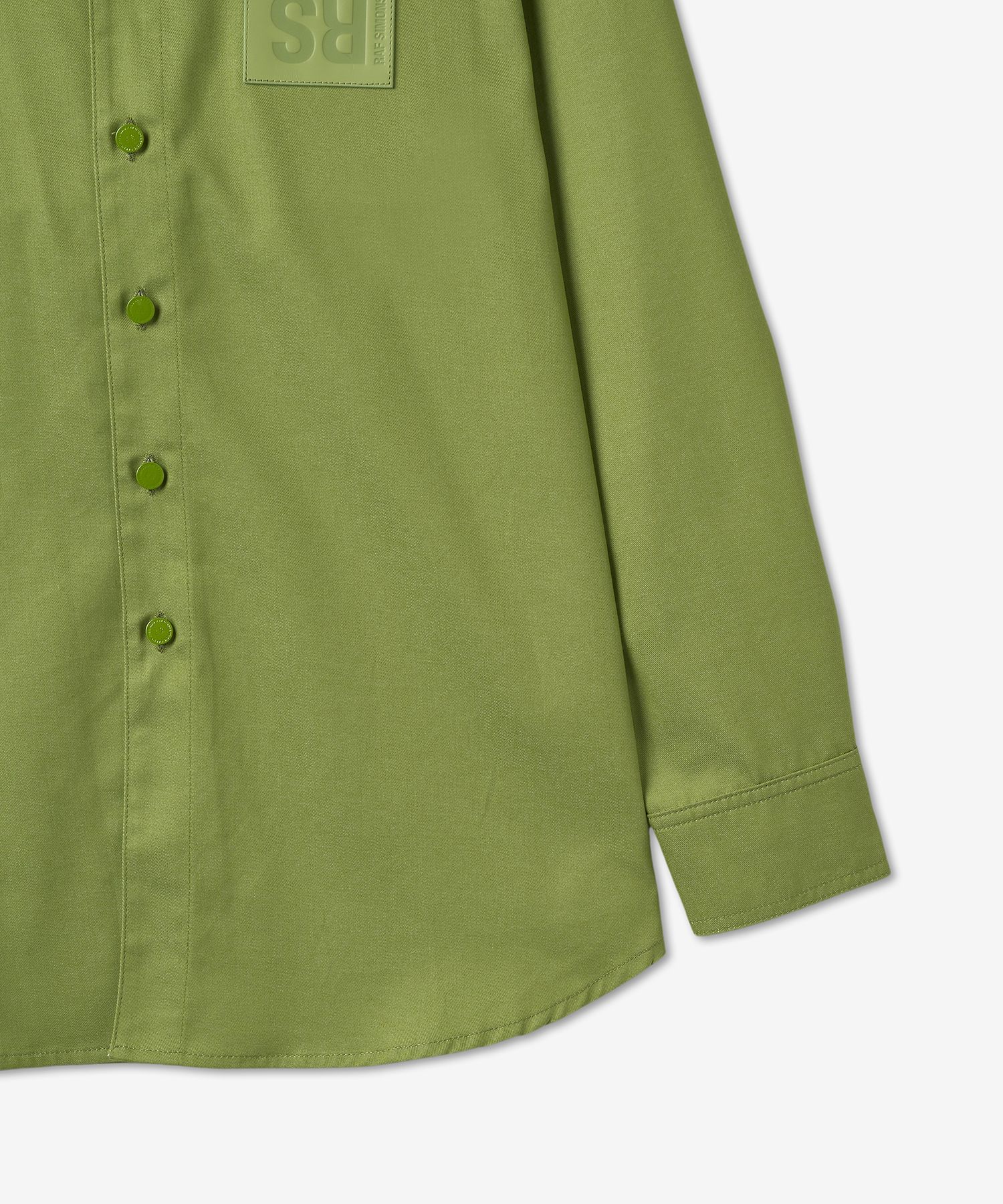 ★RAF SIMONS★ Straight Fit Denim Shirt Green 231M2421500100 Raf Simons Straight Fit Denim Shirt With Leather Patch in