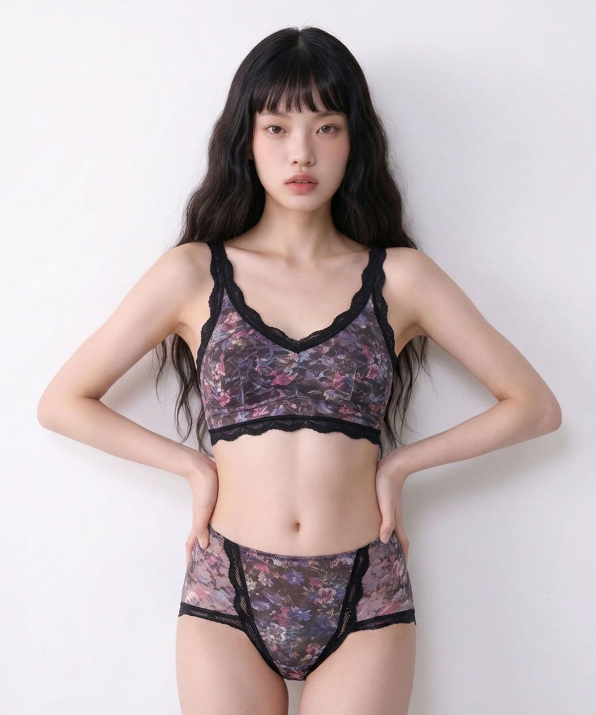 댑(DAB) 라일락 블랙 레이스 노와이어 브라렛세트