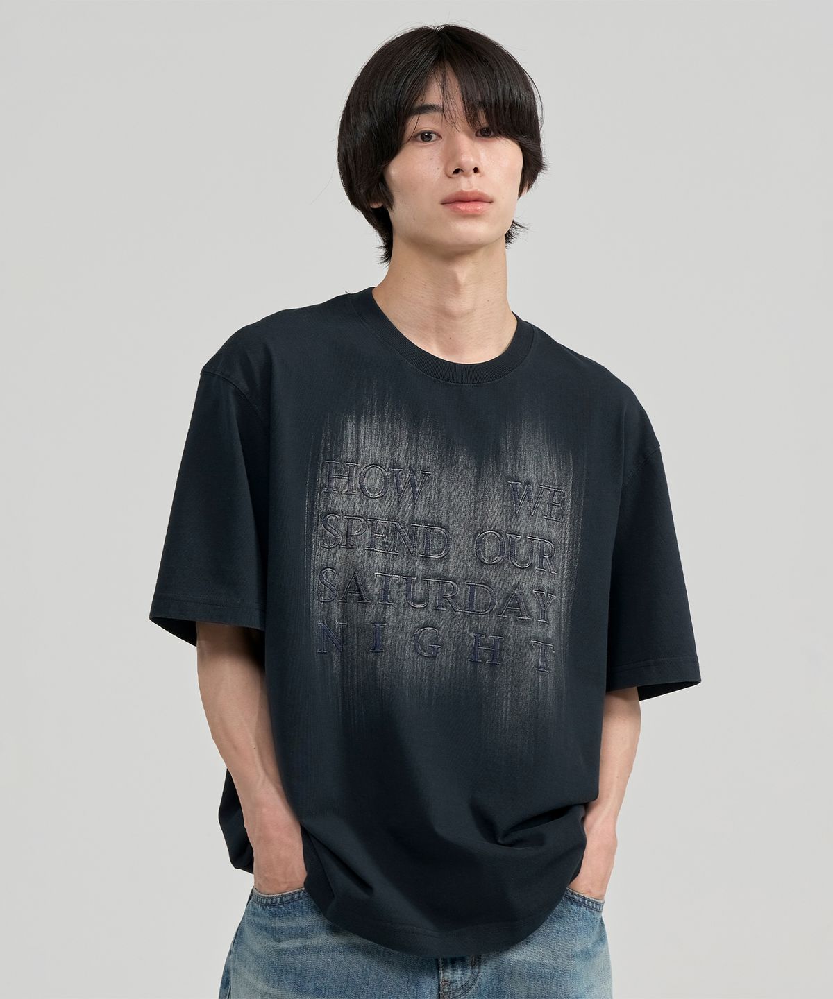 주앙옴므(JUAN HOMME) 브러쉬 페이딩 하프 슬리브 티셔츠 (다크 네이비)