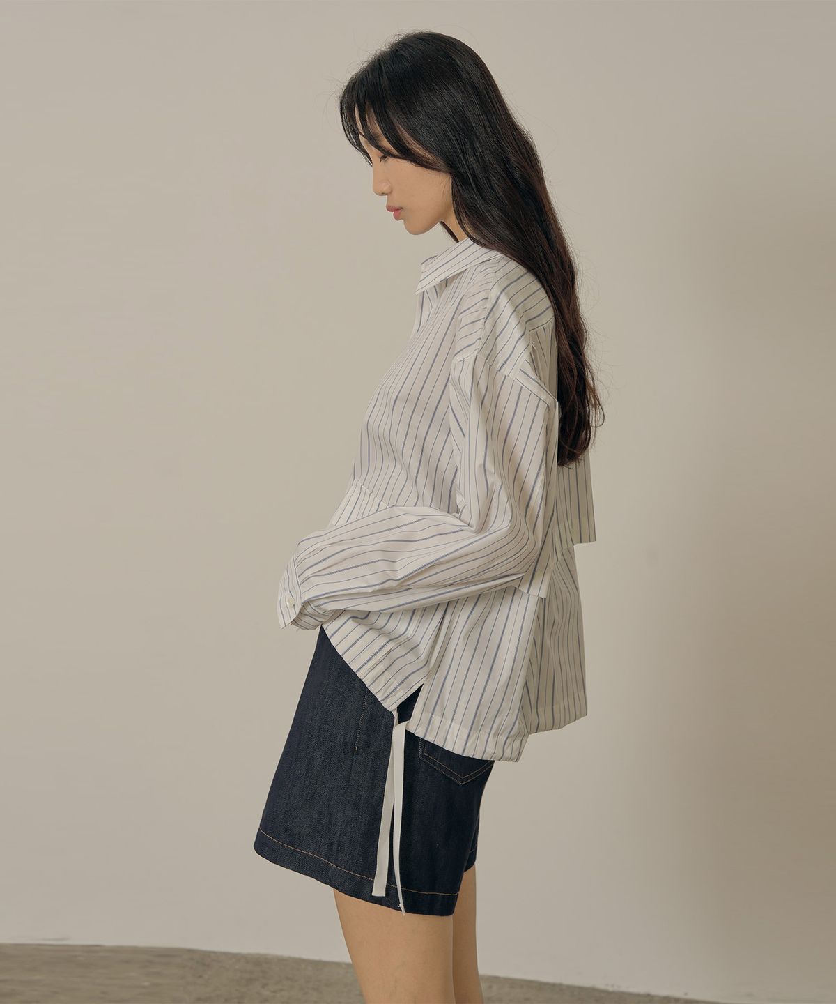 네벨에브리웨어(NEBELEVERYWEAR) Back open cotton shirt_stripe