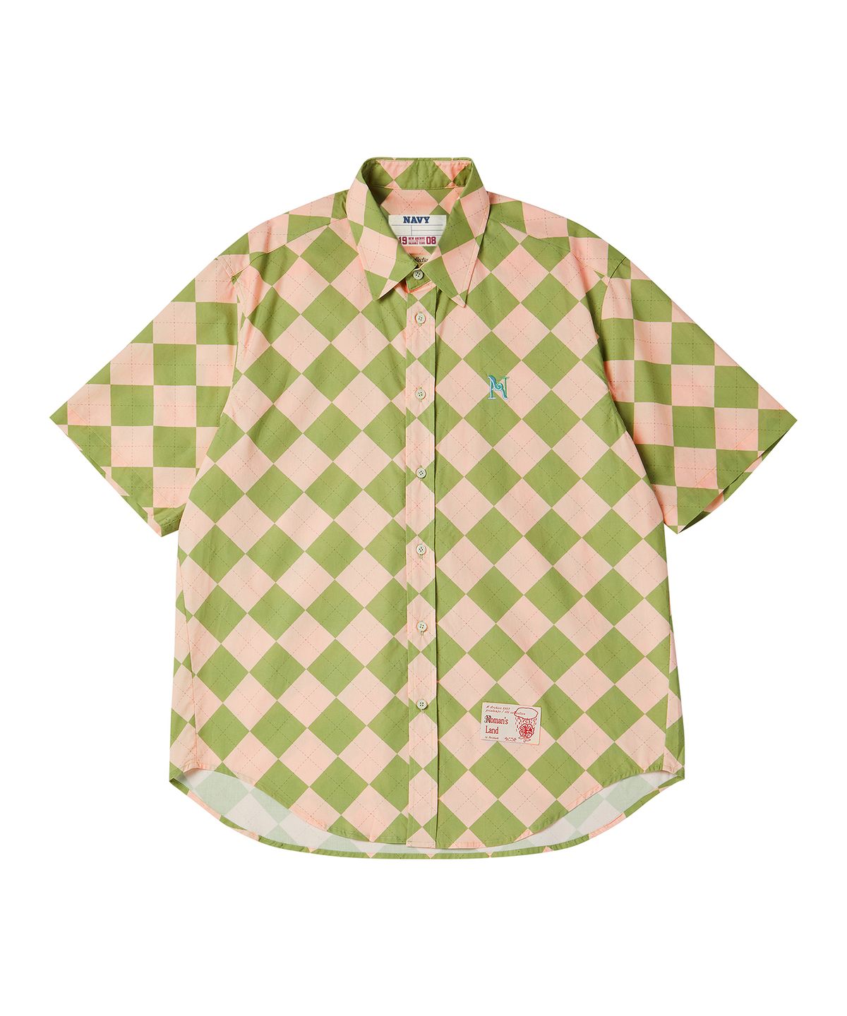 비욘드클로젯(BEYOND CLOSET) [COLLECTION LINE] 올드 알파벳 아가일 반팔 셔츠 올리브
