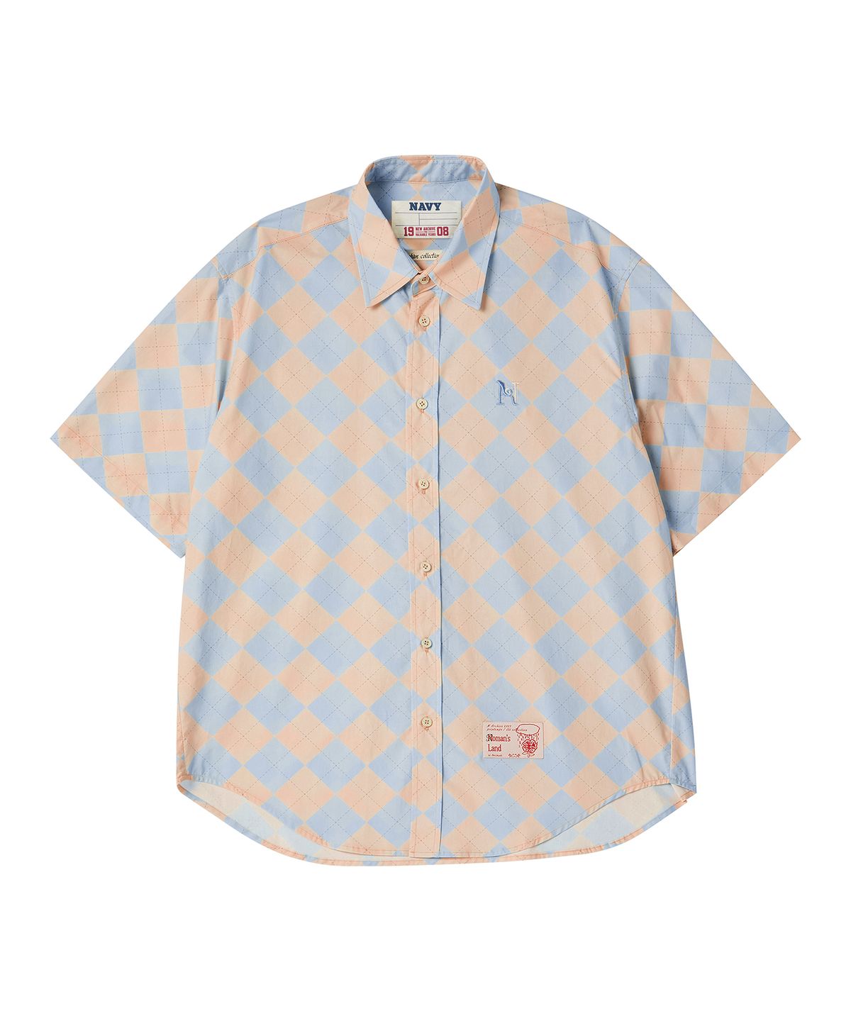 비욘드클로젯(BEYOND CLOSET) [COLLECTION LINE] 올드 알파벳 아가일 반팔 셔츠 스카이 블루