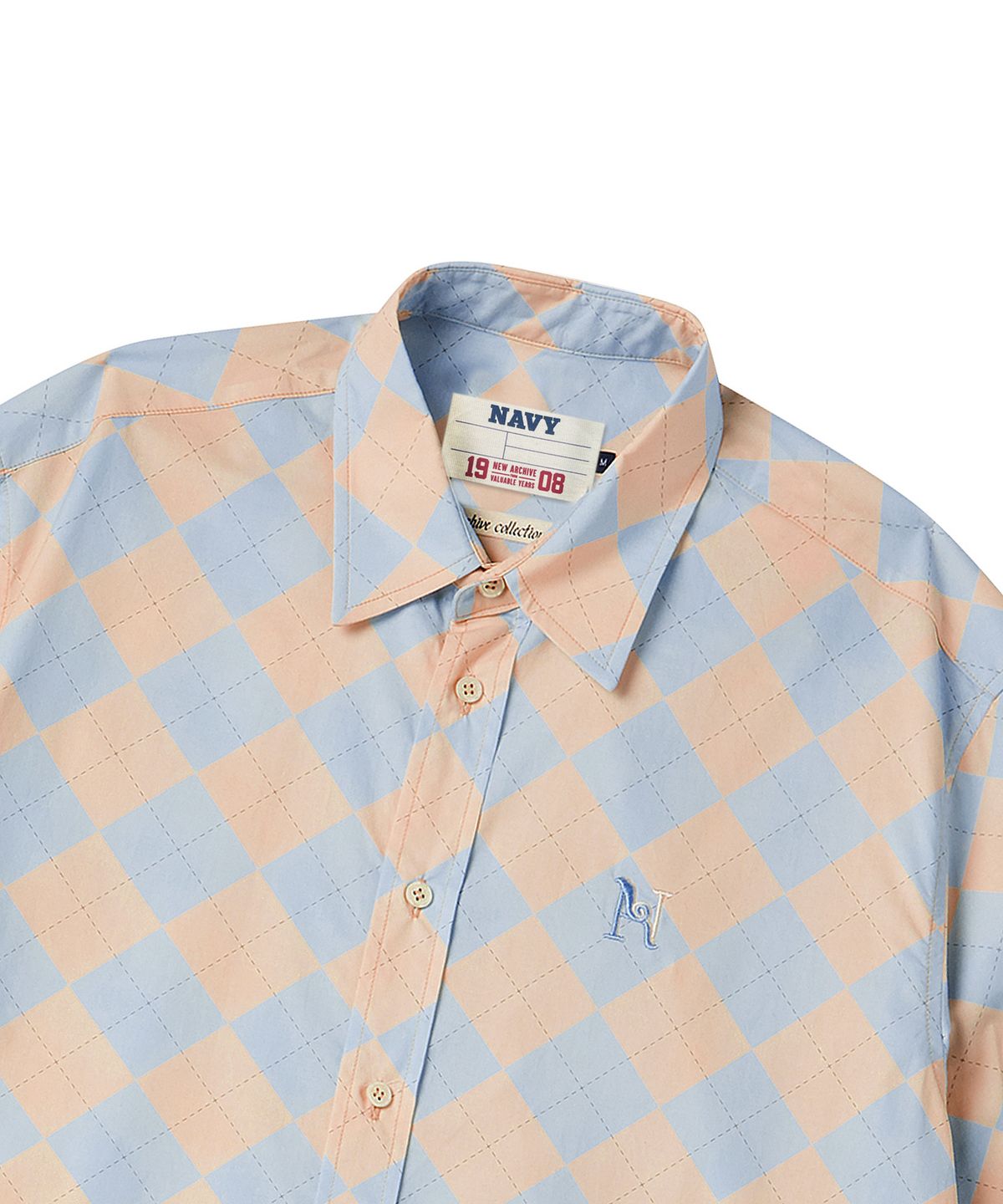 비욘드클로젯(BEYOND CLOSET) [COLLECTION LINE] 올드 알파벳 아가일 반팔 셔츠 스카이 블루