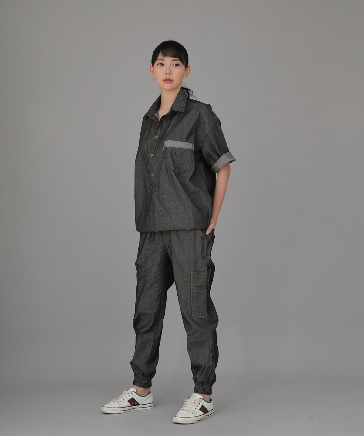 세인트크루(SAINTCREW) 볼드 앵클밴드 카고조거 팬츠 BAC-328  데님 그레이블랙
